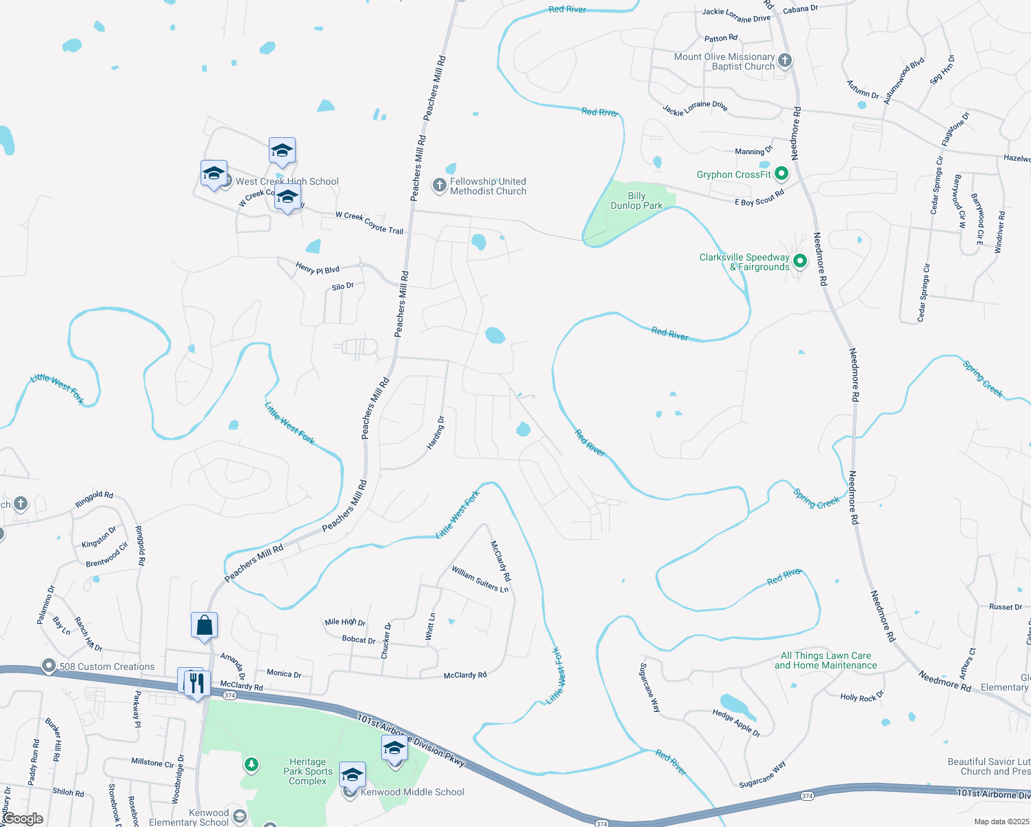 map of restaurants, bars, coffee shops, grocery stores, and more near 2257 Allen-Griffey Road in Clarksville