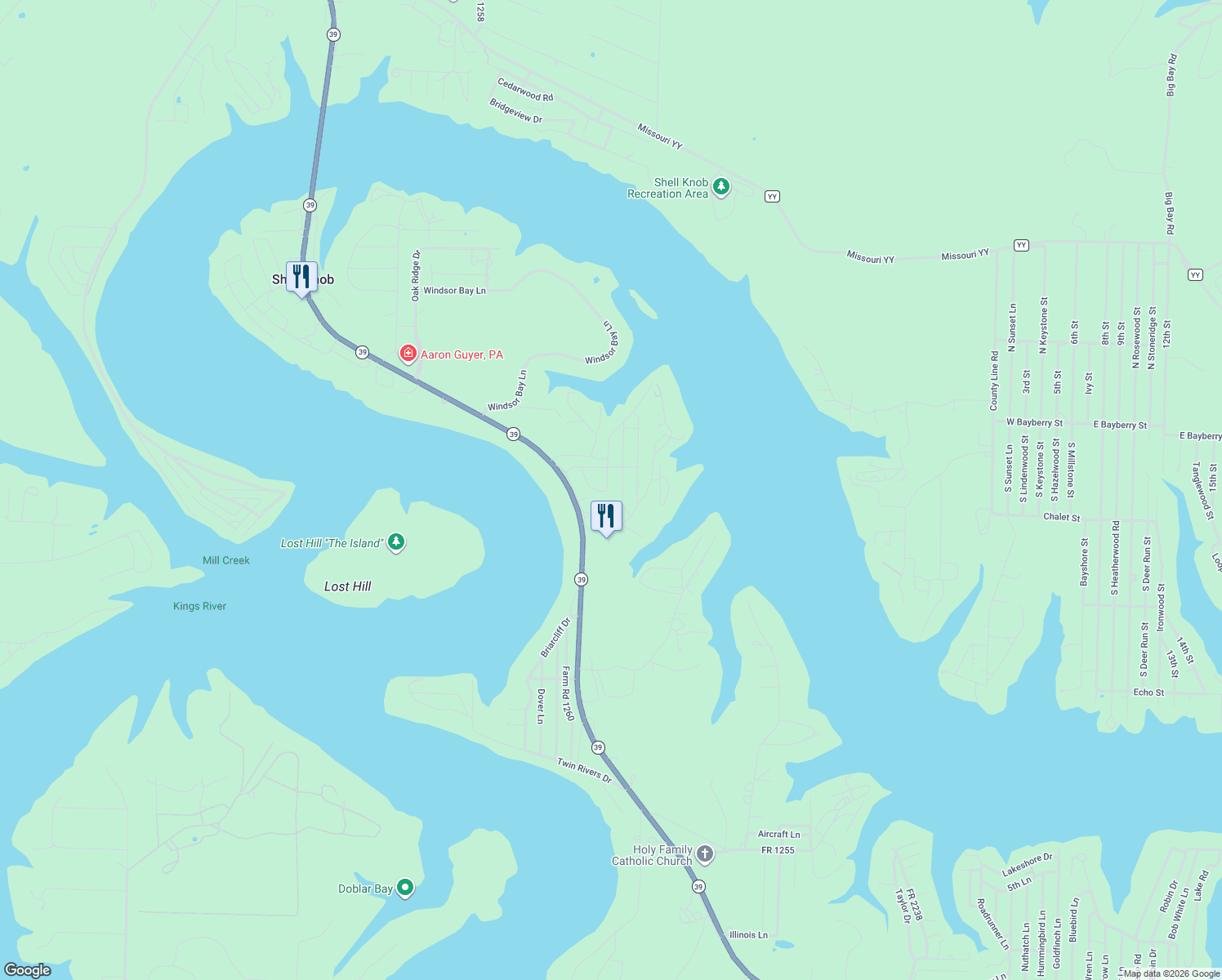 map of restaurants, bars, coffee shops, grocery stores, and more near 22399 Farm Road 1247 in Shell Knob