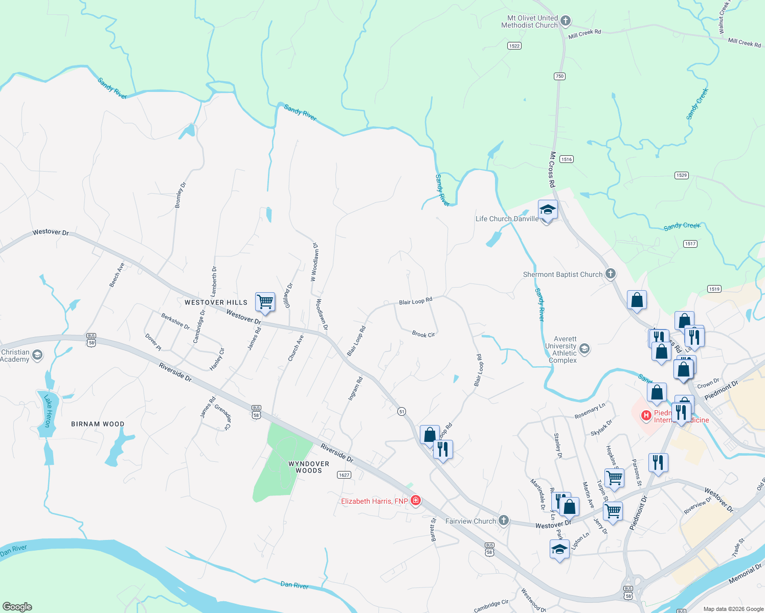 map of restaurants, bars, coffee shops, grocery stores, and more near 1909 Blair Loop Road in Danville