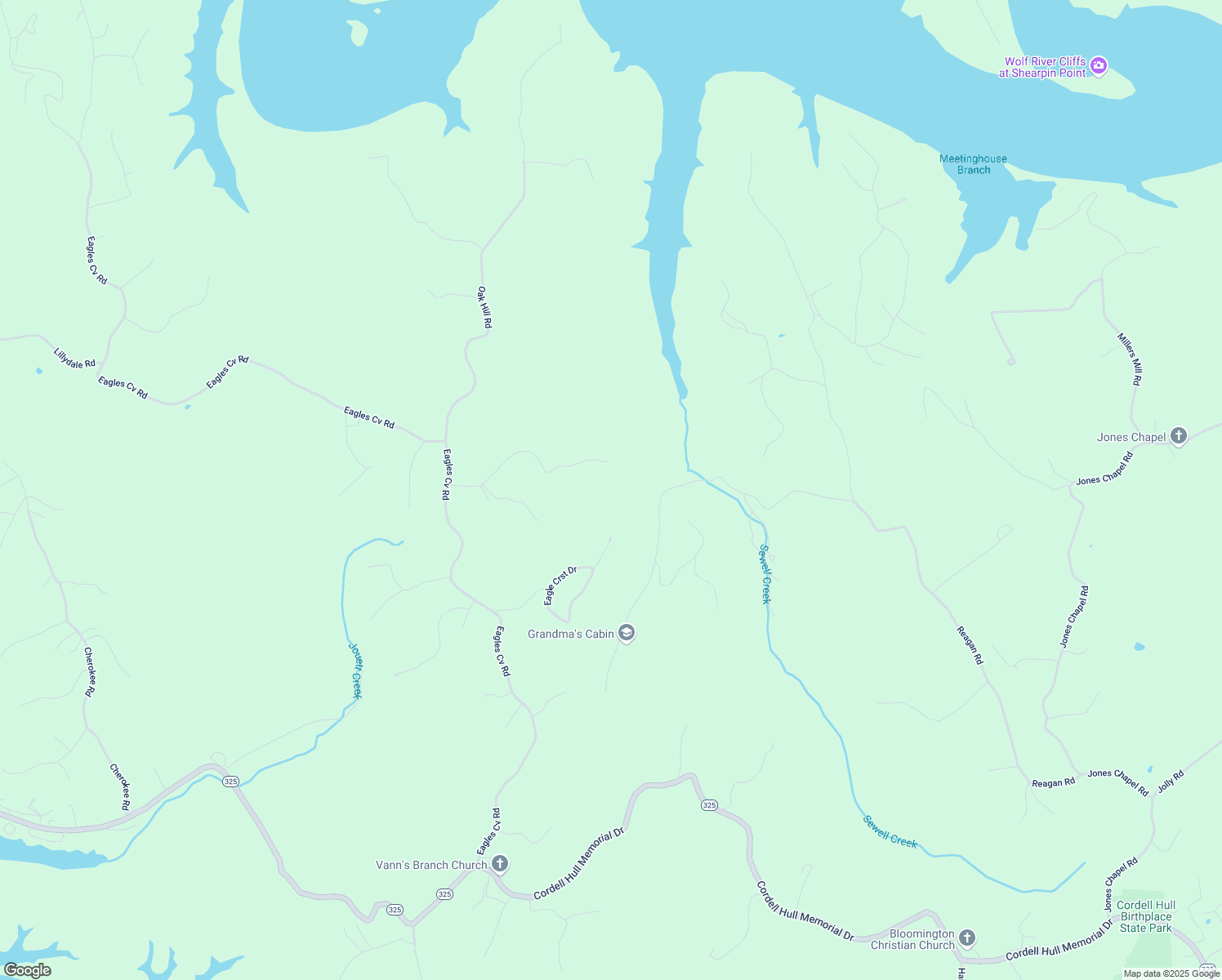 map of restaurants, bars, coffee shops, grocery stores, and more near 218 Black Oak Lane in Byrdstown