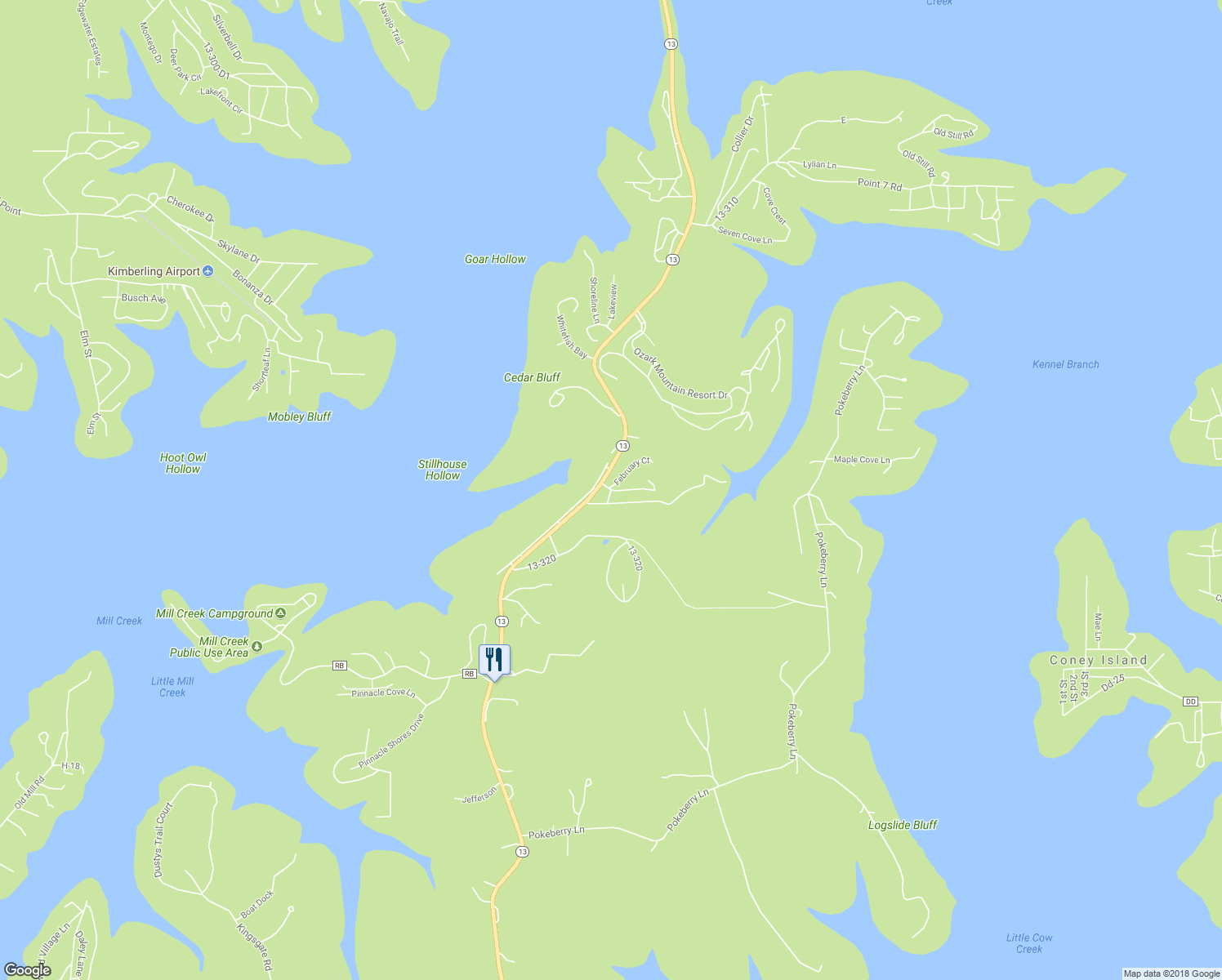 map of restaurants, bars, coffee shops, grocery stores, and more near 26 Kimberling Manor Estates in Kimberling City