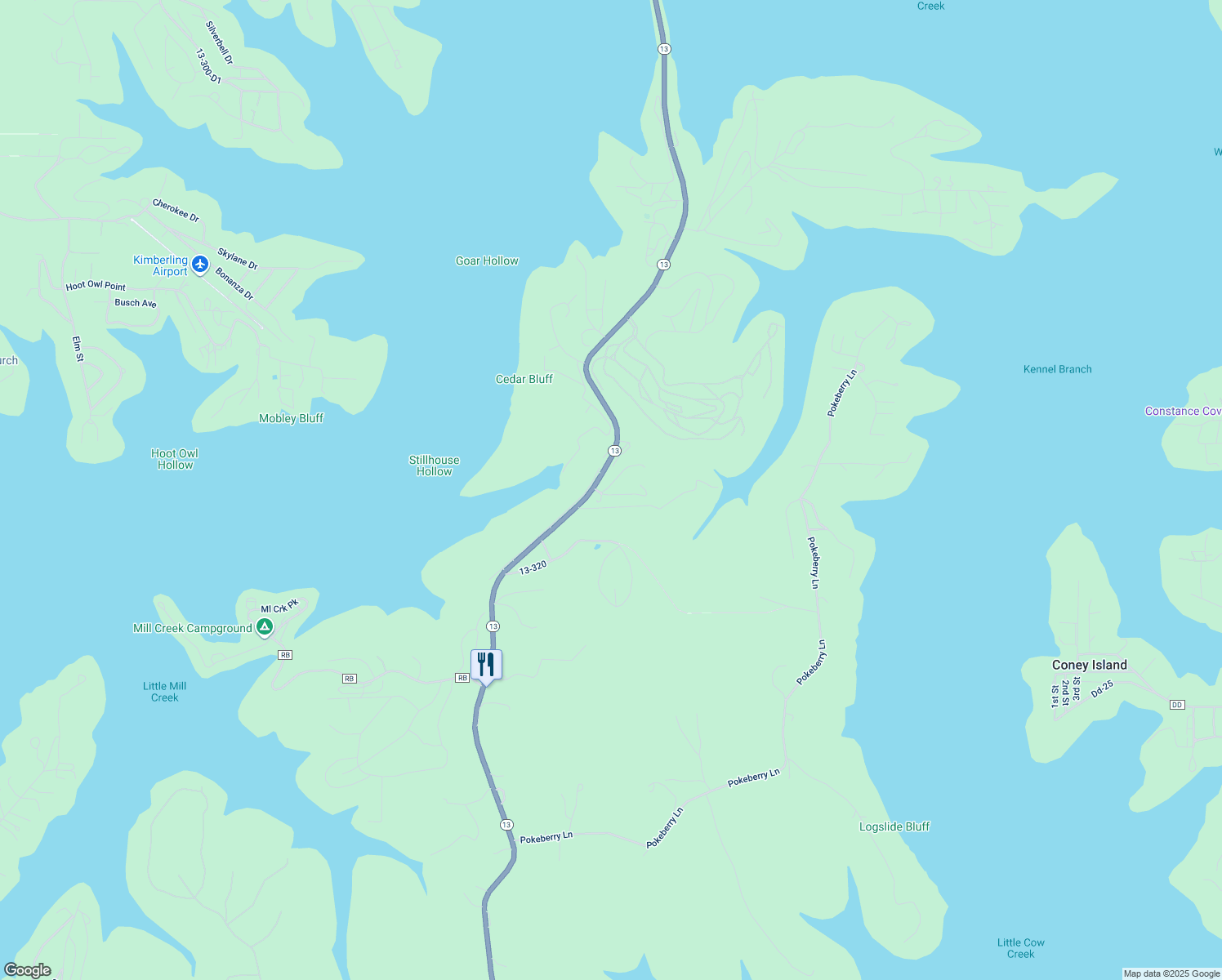 map of restaurants, bars, coffee shops, grocery stores, and more near 22-26 Kimberling Manor Estates in Kimberling City