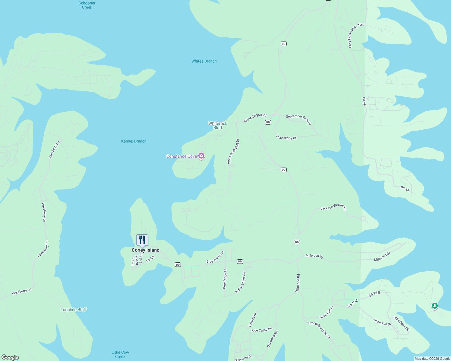 map of restaurants, bars, coffee shops, grocery stores, and more near White Rockbluff Drive in Reeds Spring