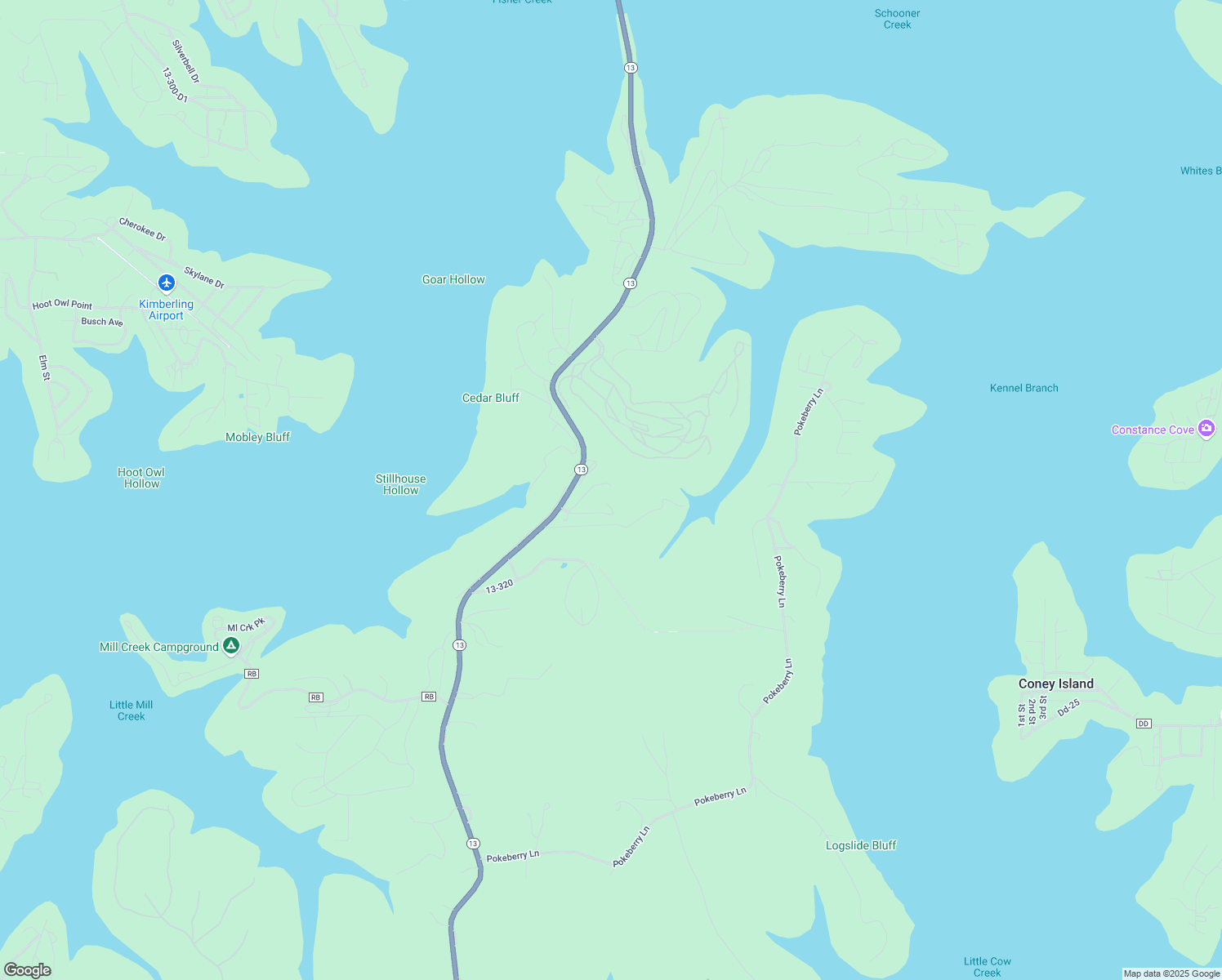 map of restaurants, bars, coffee shops, grocery stores, and more near 170 February Court in Kimberling City