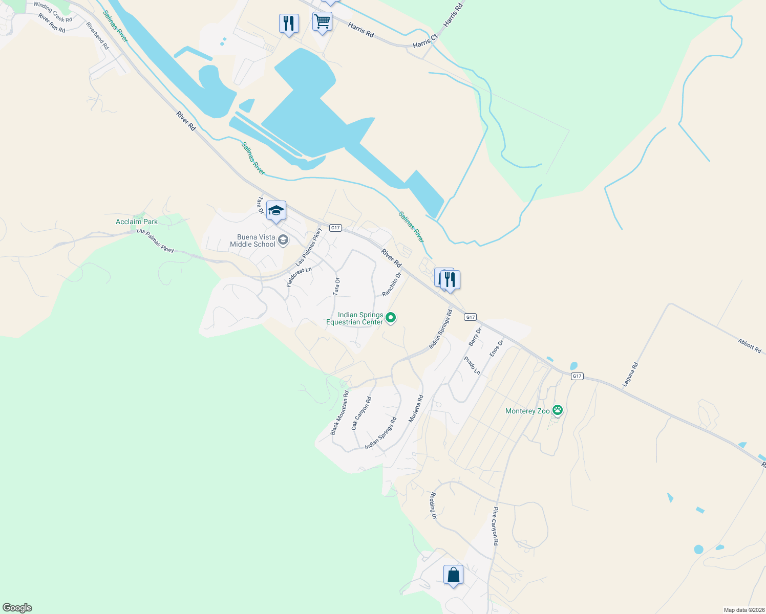 map of restaurants, bars, coffee shops, grocery stores, and more near 18725 Ranchito Del Rio Drive in Salinas