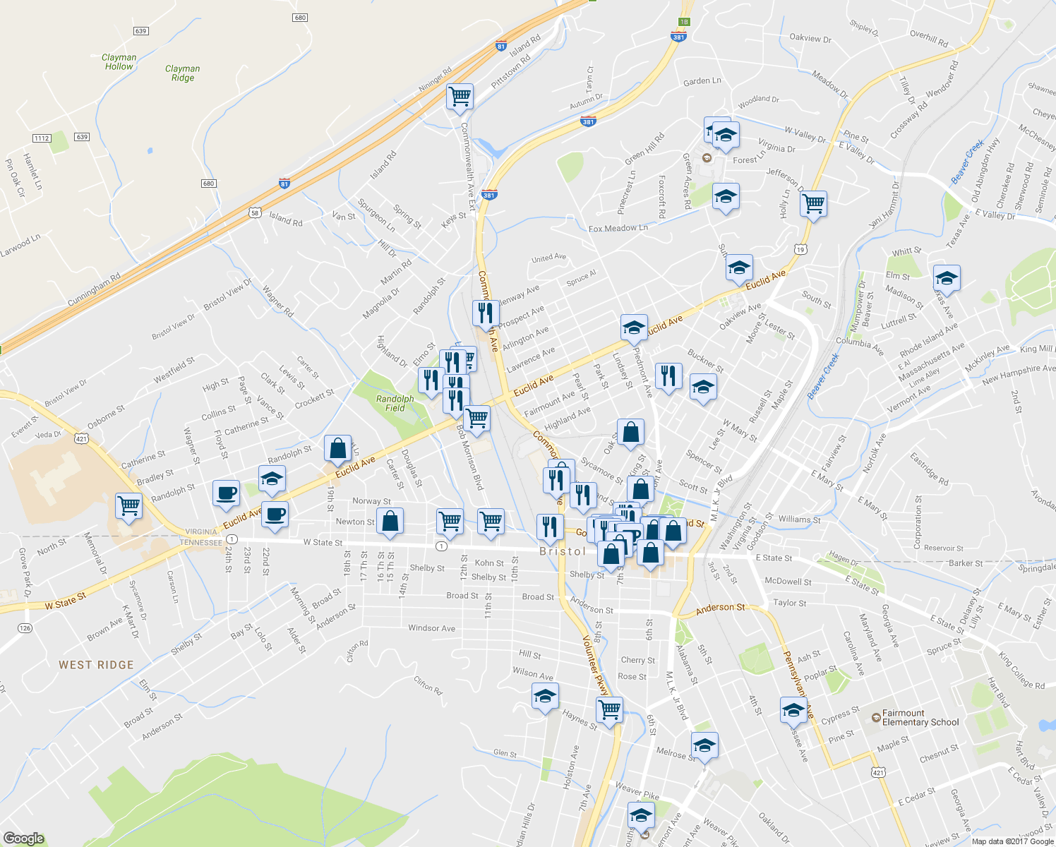 map of restaurants, bars, coffee shops, grocery stores, and more near 409 Commonwealth Avenue in Bristol