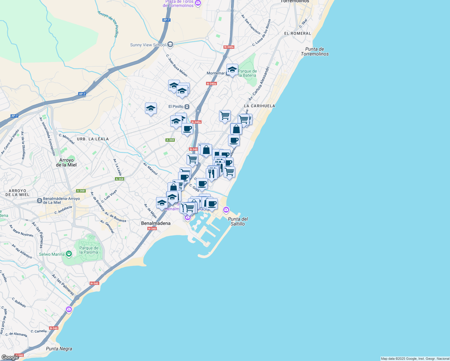 map of restaurants, bars, coffee shops, grocery stores, and more near 14 Calle Decano José Gómez Rando in Torremolinos
