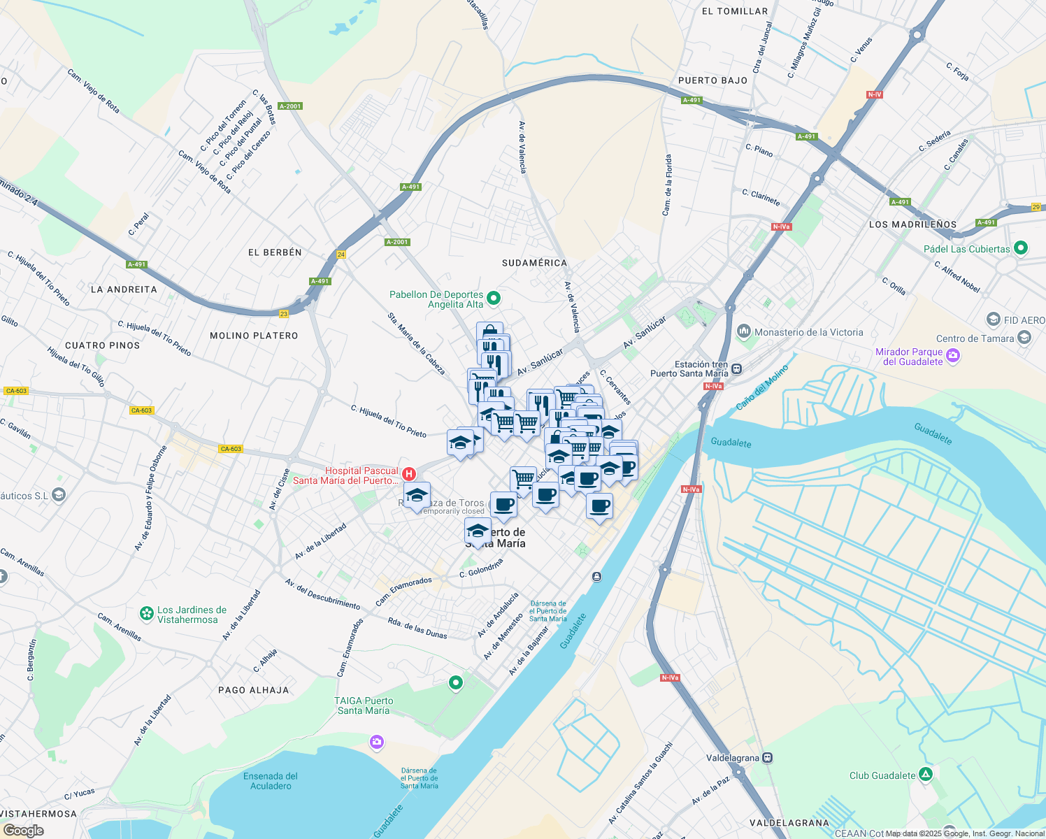map of restaurants, bars, coffee shops, grocery stores, and more near 24 Calle Postigo in El Puerto de Santa María