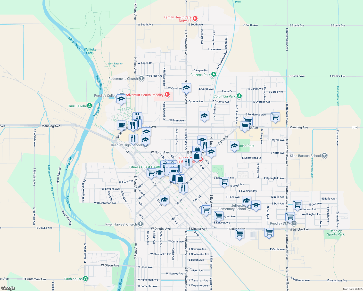 map of restaurants, bars, coffee shops, grocery stores, and more near 603 North Birch Avenue in Reedley