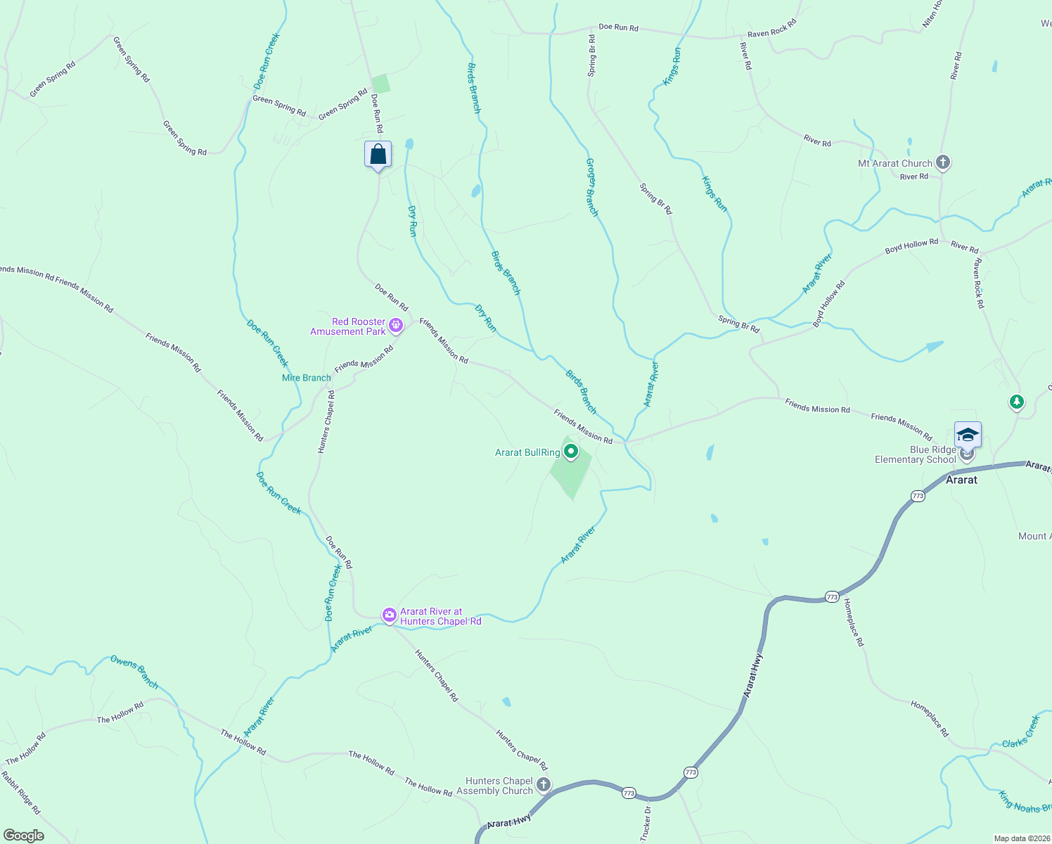 map of restaurants, bars, coffee shops, grocery stores, and more near 3366 Friends Mission Road in Ararat