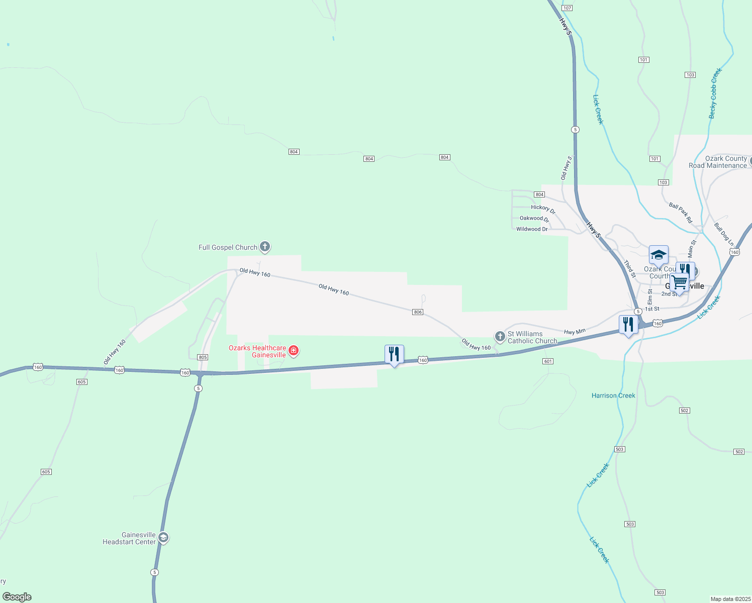 map of restaurants, bars, coffee shops, grocery stores, and more near Old Highway 160 in Gainesville