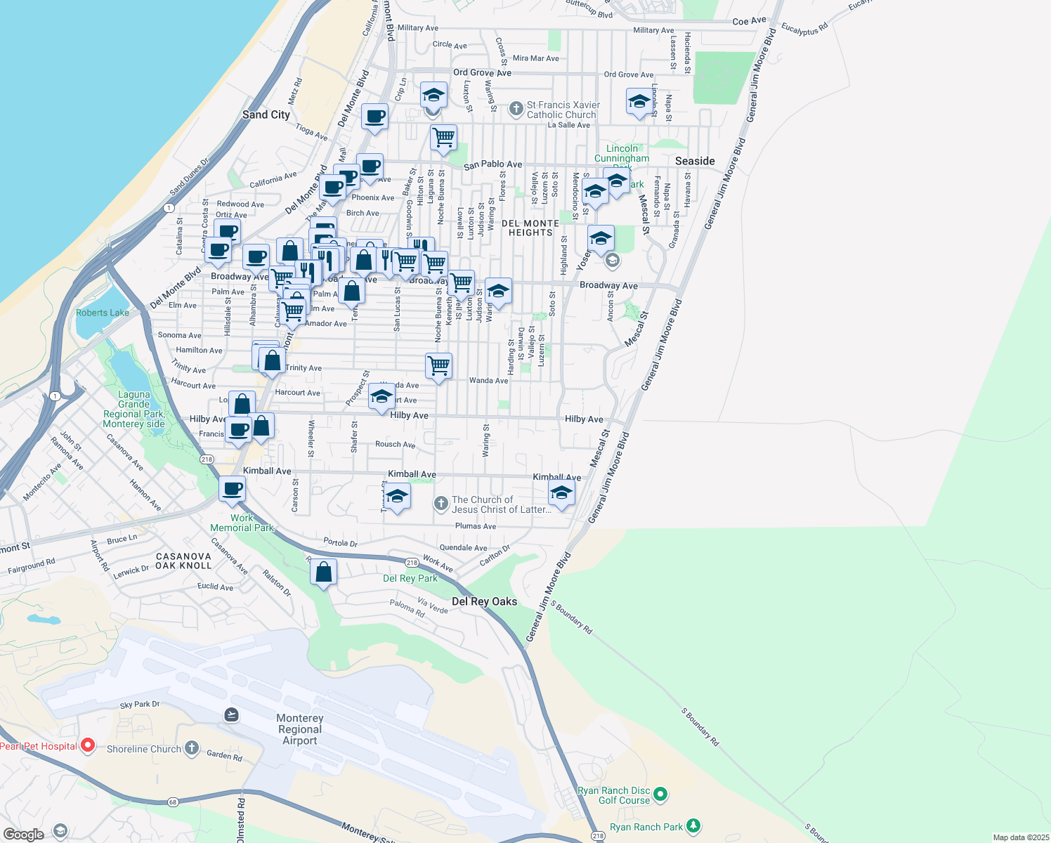 map of restaurants, bars, coffee shops, grocery stores, and more near 1516 Hilby Avenue in Seaside