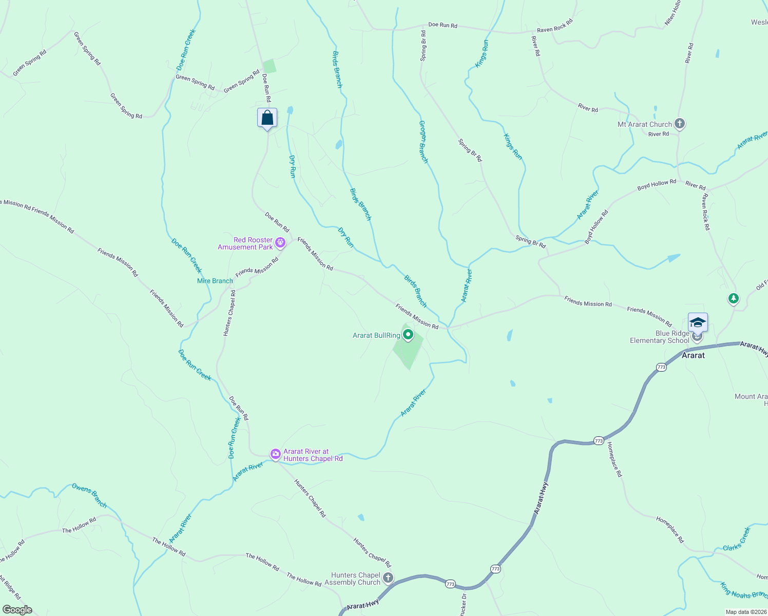 map of restaurants, bars, coffee shops, grocery stores, and more near 3366 Friends Mission Road in Ararat