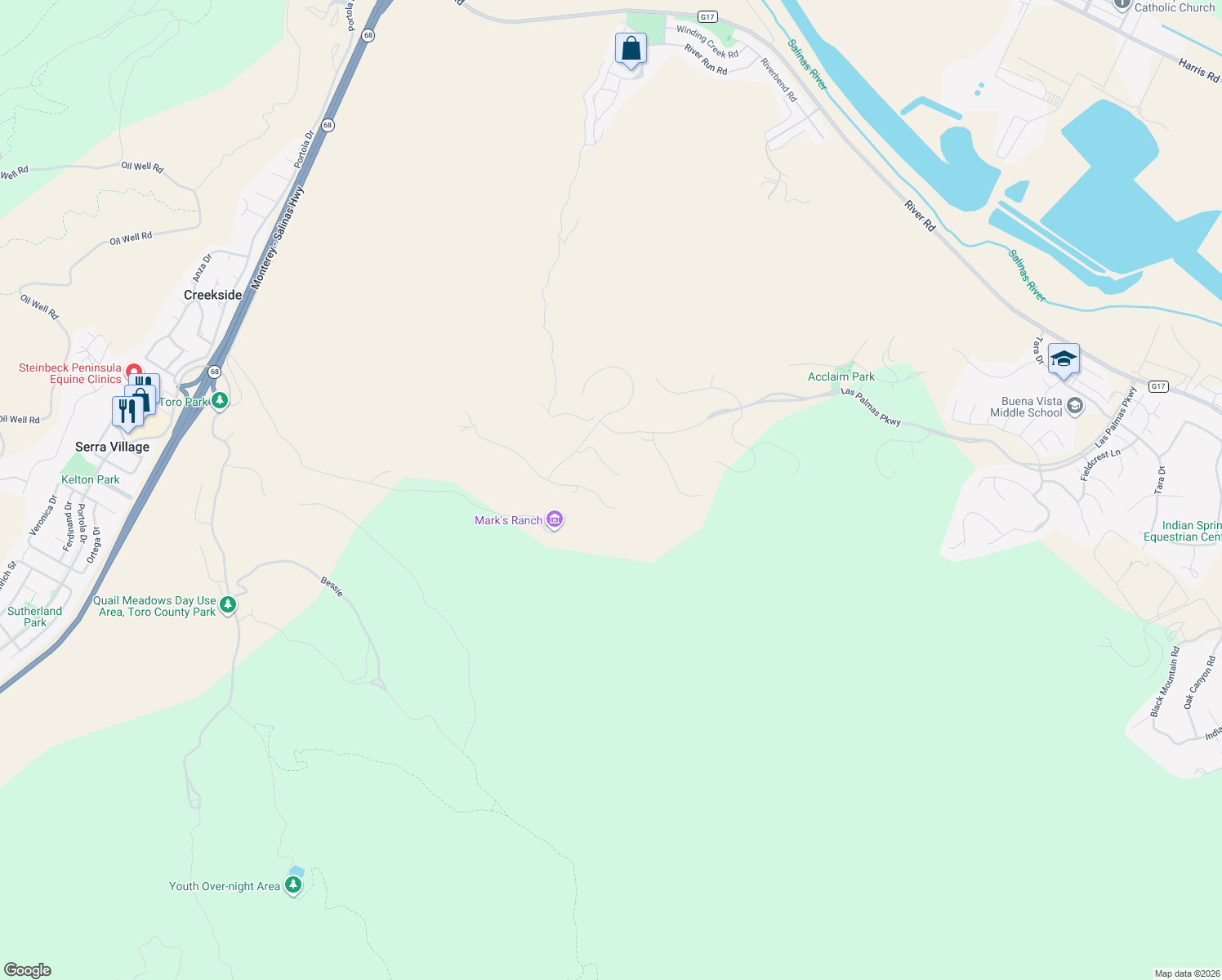 map of restaurants, bars, coffee shops, grocery stores, and more near 27820 Crowne Point Drive in Salinas