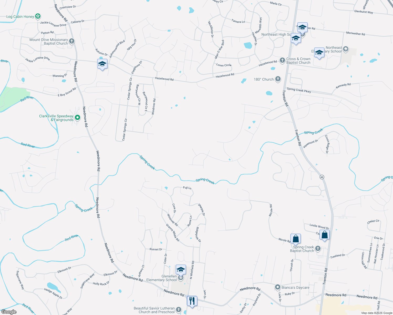 map of restaurants, bars, coffee shops, grocery stores, and more near 3101 Timberdale Drive in Clarksville