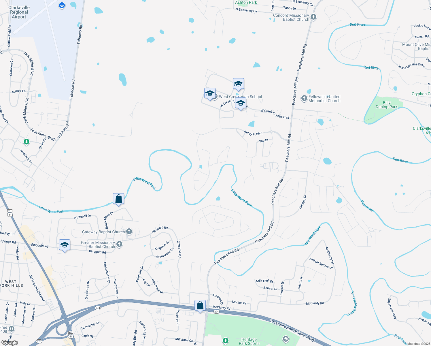 map of restaurants, bars, coffee shops, grocery stores, and more near 1264 Black Oak Circle in Clarksville