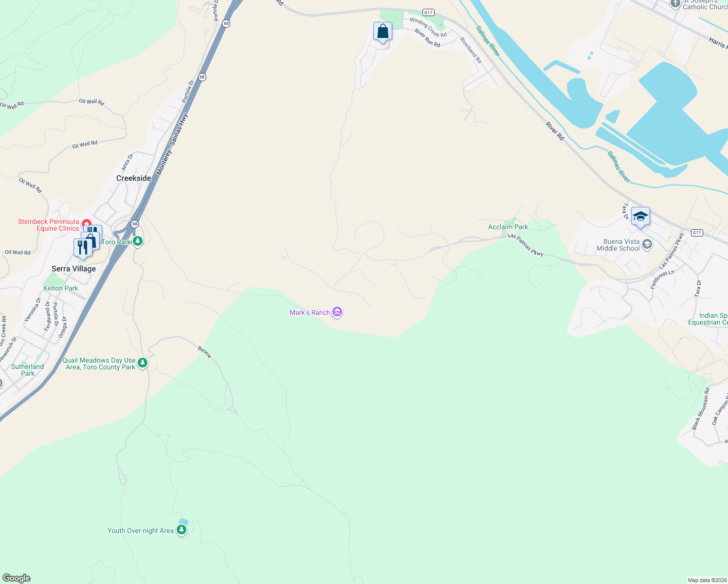 map of restaurants, bars, coffee shops, grocery stores, and more near 27820 Crowne Point Drive in Salinas