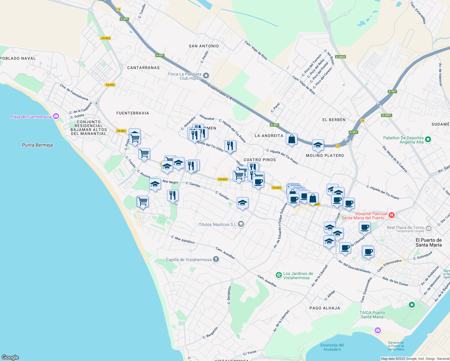 map of restaurants, bars, coffee shops, grocery stores, and more near 91 CA-603 in El Puerto de Santa María