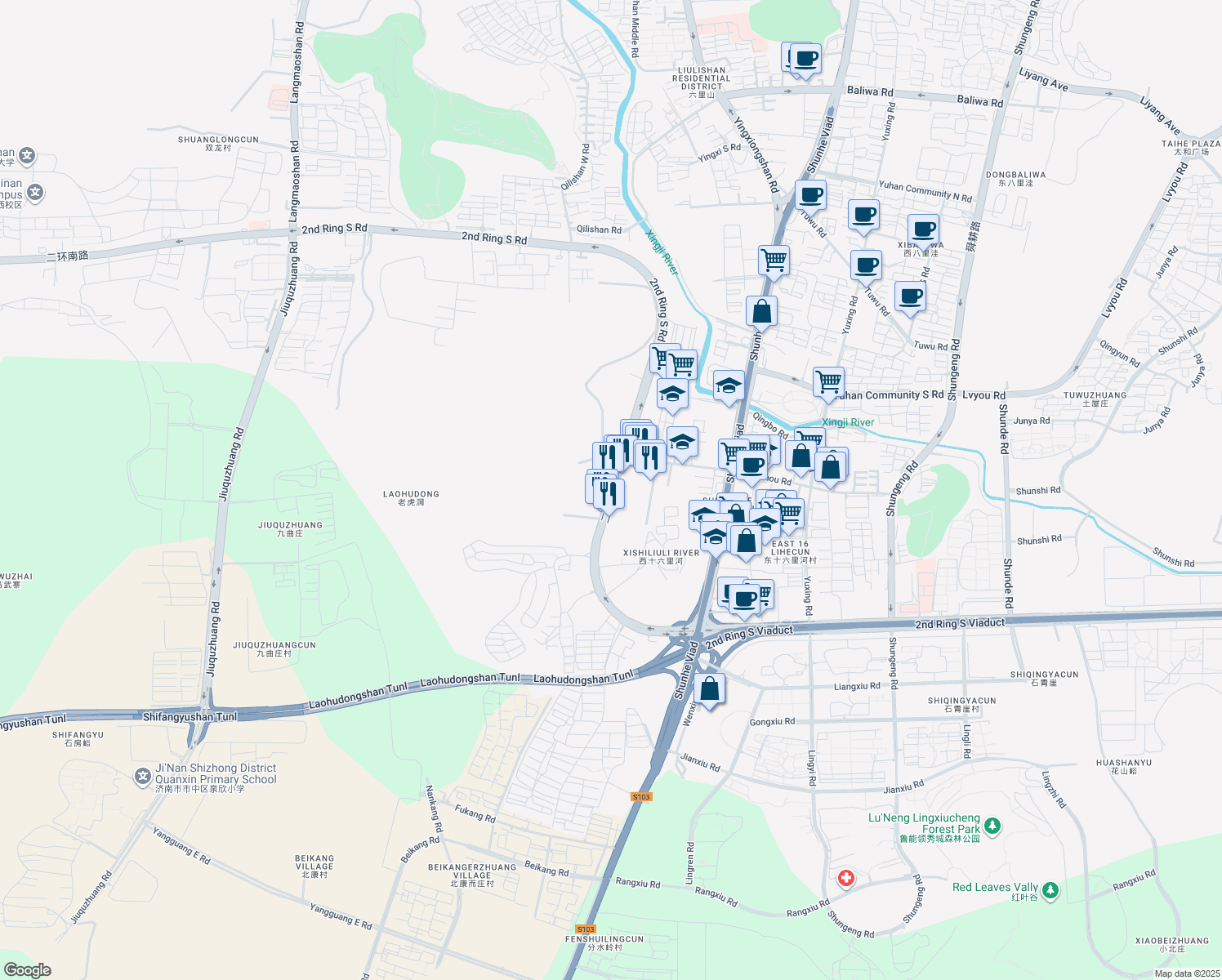 map of restaurants, bars, coffee shops, grocery stores, and more near Er Huan Nan Lu in Ji Nan Shi