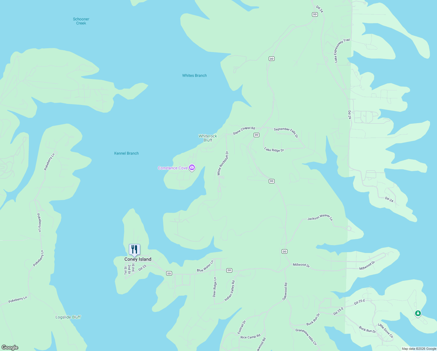 map of restaurants, bars, coffee shops, grocery stores, and more near White Rockbluff Drive in Stone County