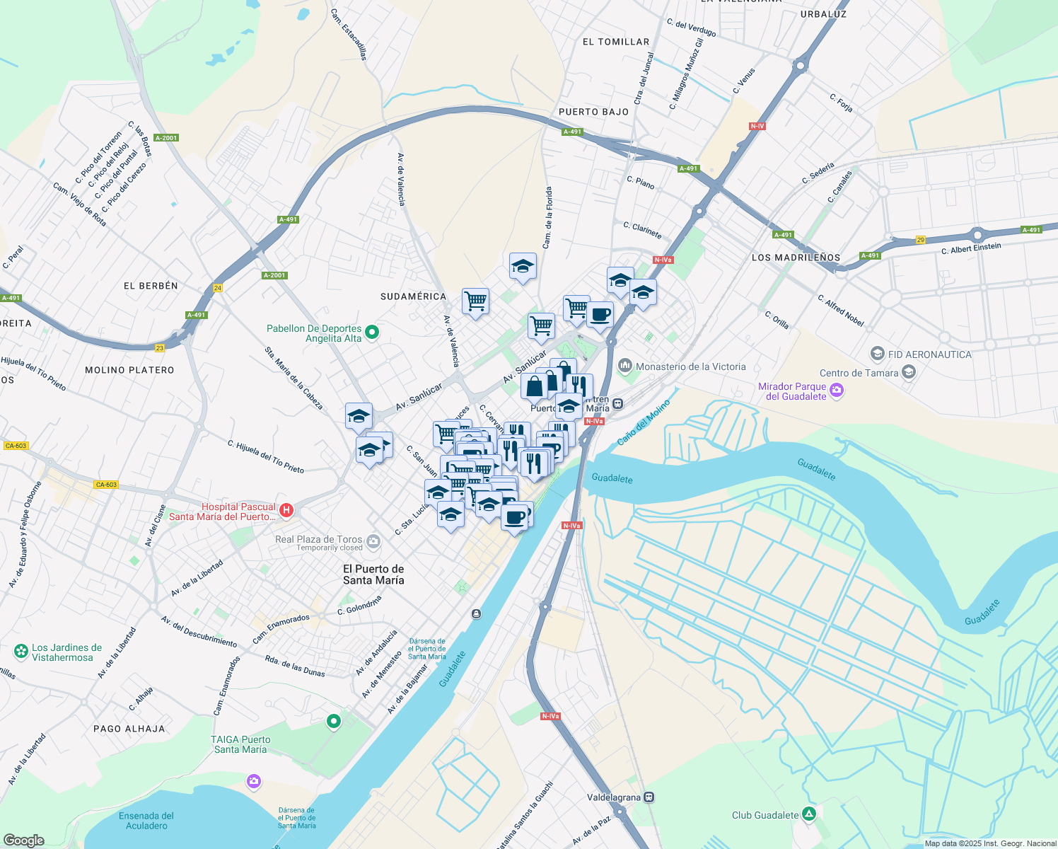 map of restaurants, bars, coffee shops, grocery stores, and more near 38 Calle Cielos in El Puerto de Santa María