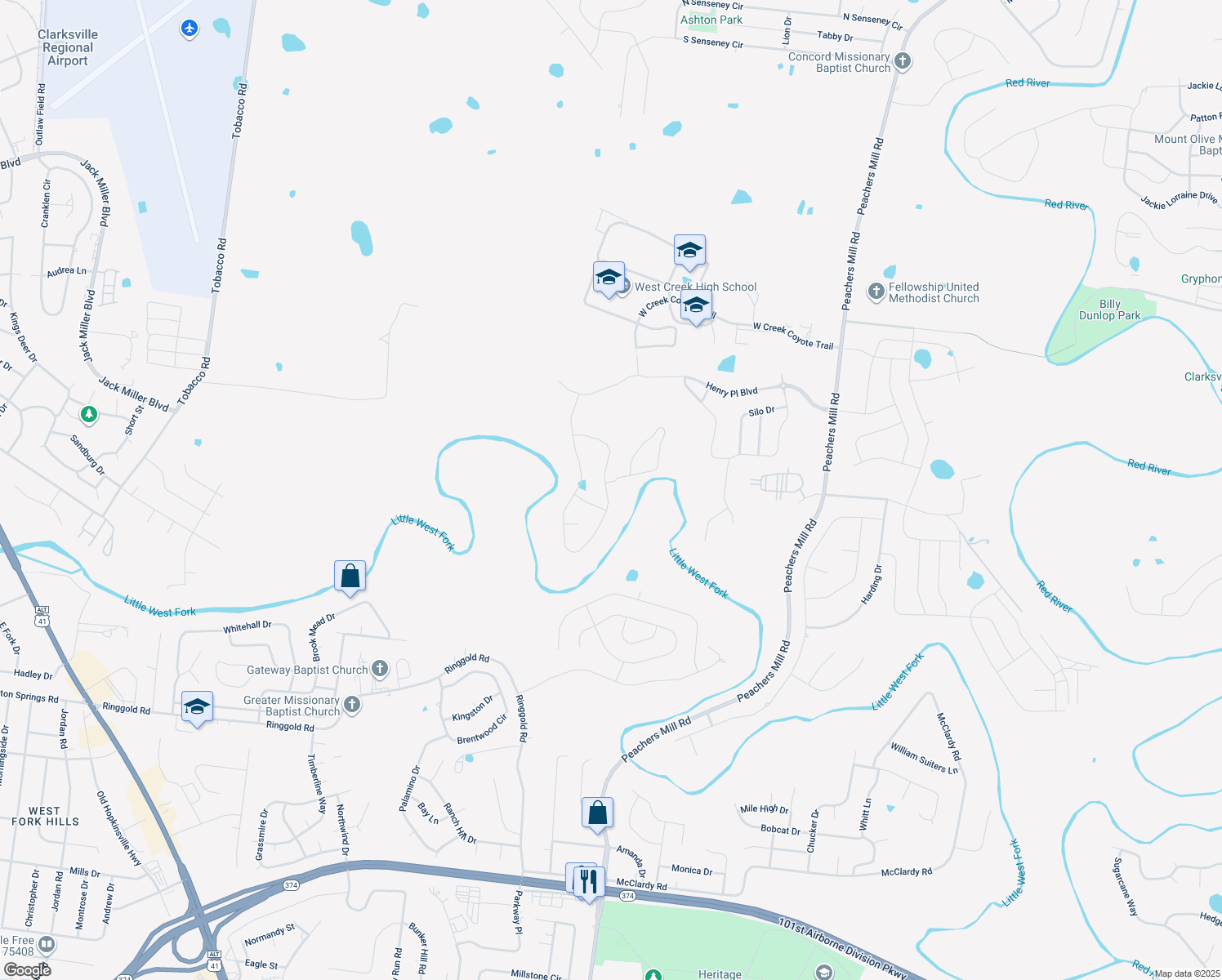 map of restaurants, bars, coffee shops, grocery stores, and more near 1264 Black Oak Circle in Clarksville