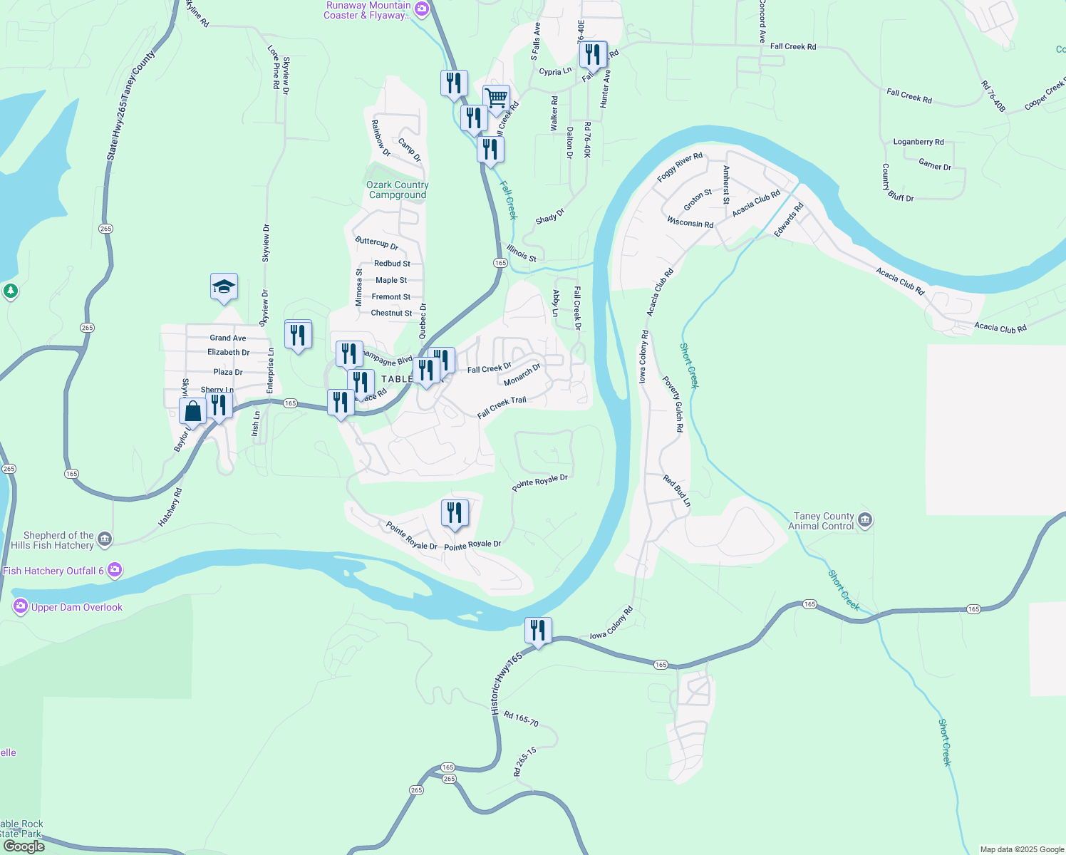 map of restaurants, bars, coffee shops, grocery stores, and more near 1726 Pointe Royale Drive in Branson