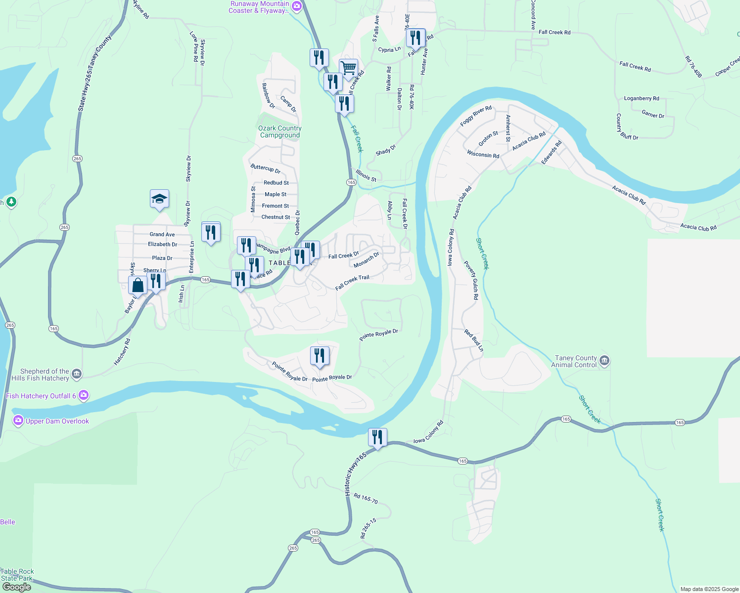 map of restaurants, bars, coffee shops, grocery stores, and more near 1726 Pointe Royale Drive in Branson
