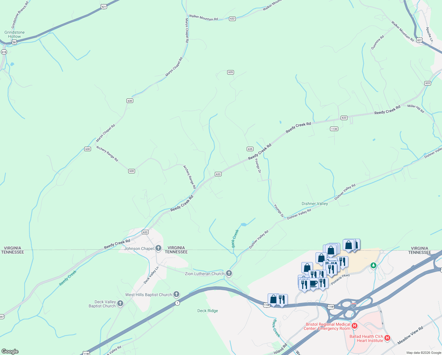 map of restaurants, bars, coffee shops, grocery stores, and more near 4228-4246 County Road 633 in Bristol