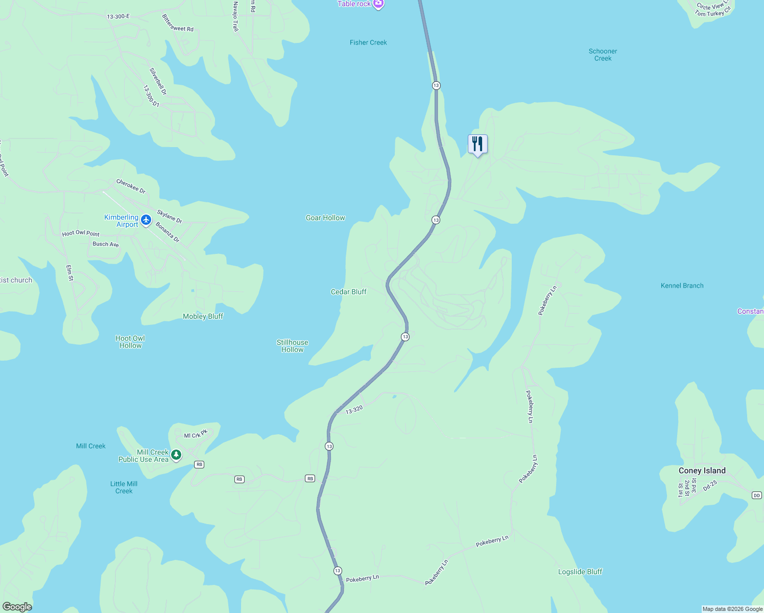 map of restaurants, bars, coffee shops, grocery stores, and more near in Kimberling City