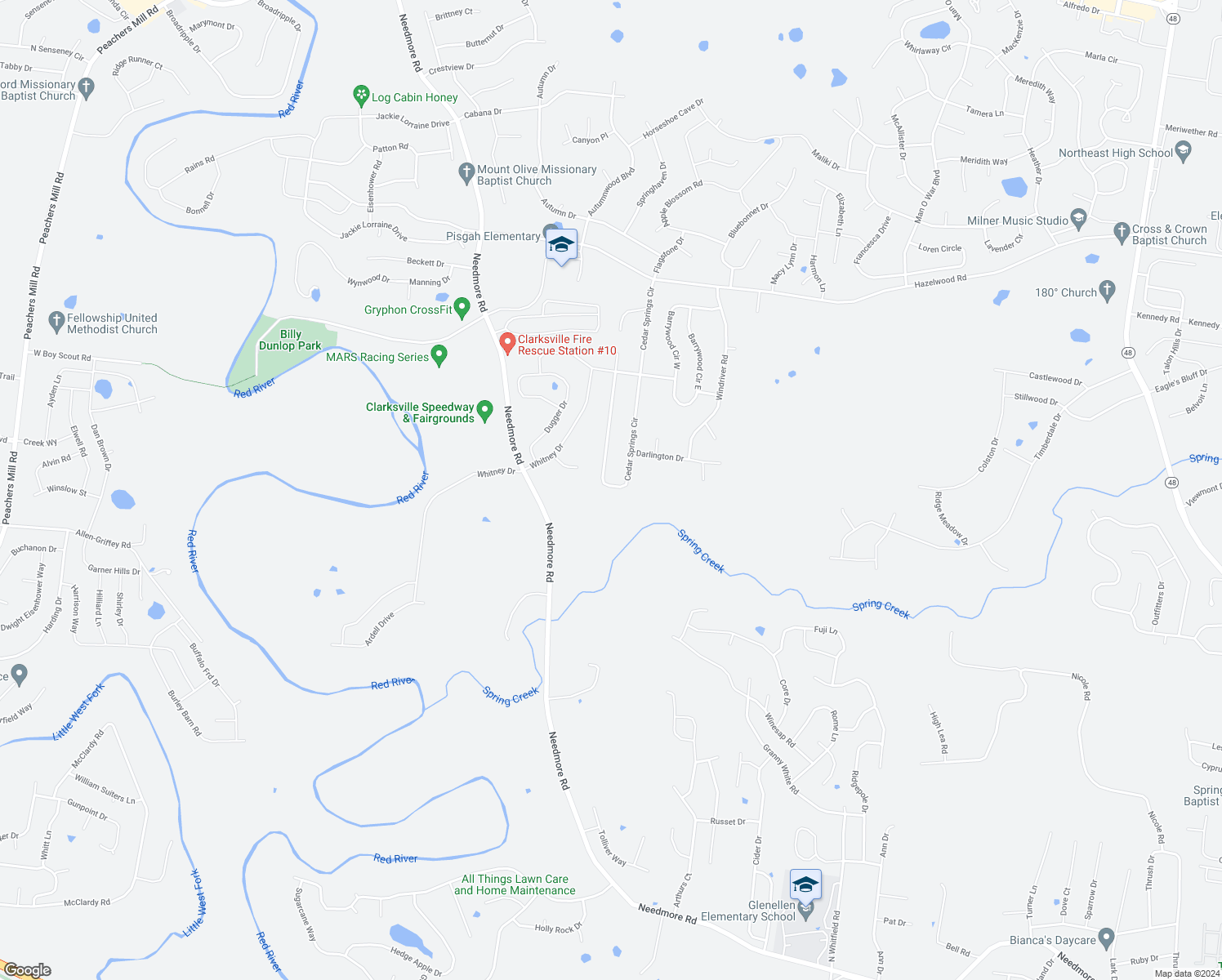 map of restaurants, bars, coffee shops, grocery stores, and more near 1533 Cedar Springs Circle in Clarksville