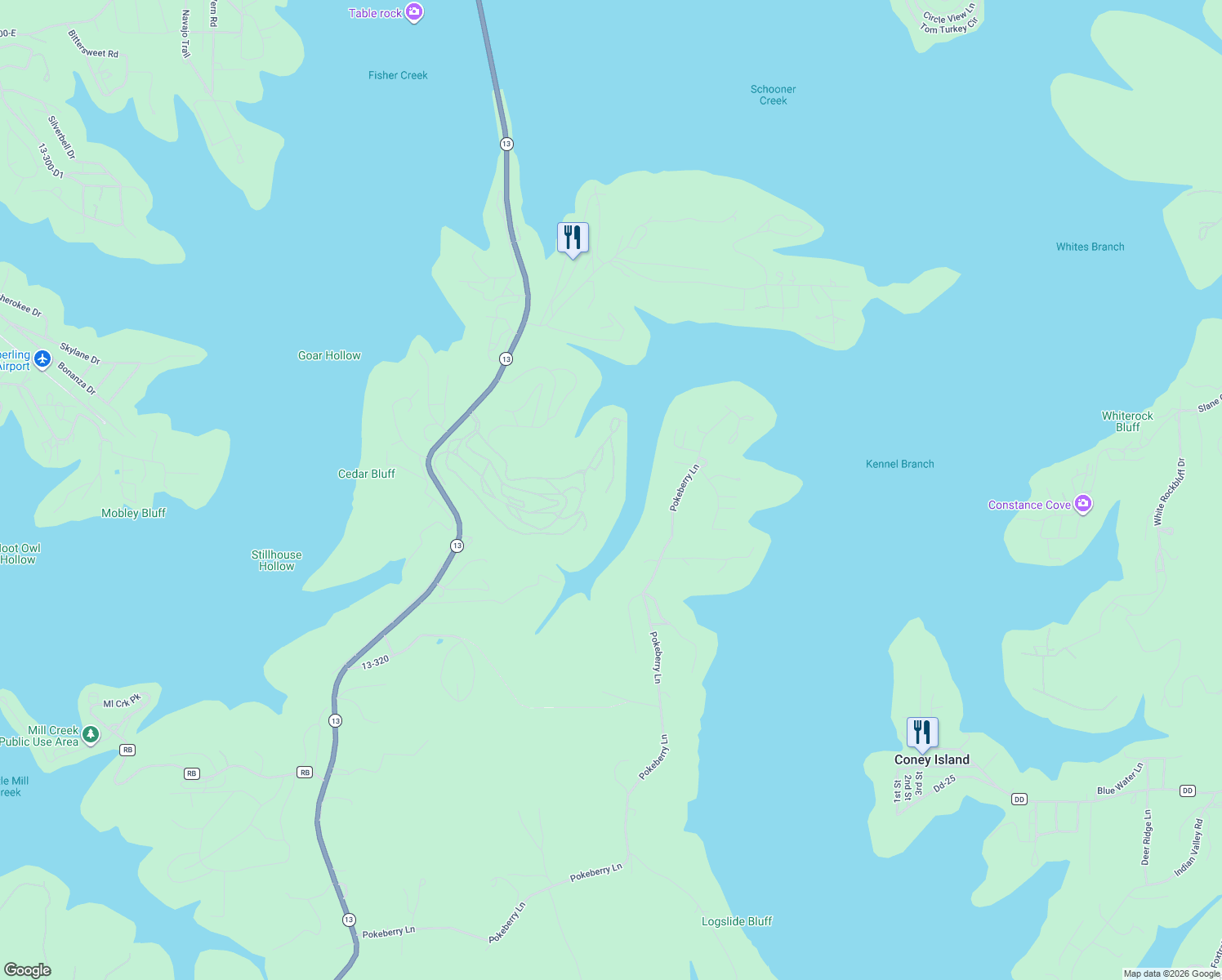 map of restaurants, bars, coffee shops, grocery stores, and more near 1404 Rocky Shore Terrace in Kimberling City