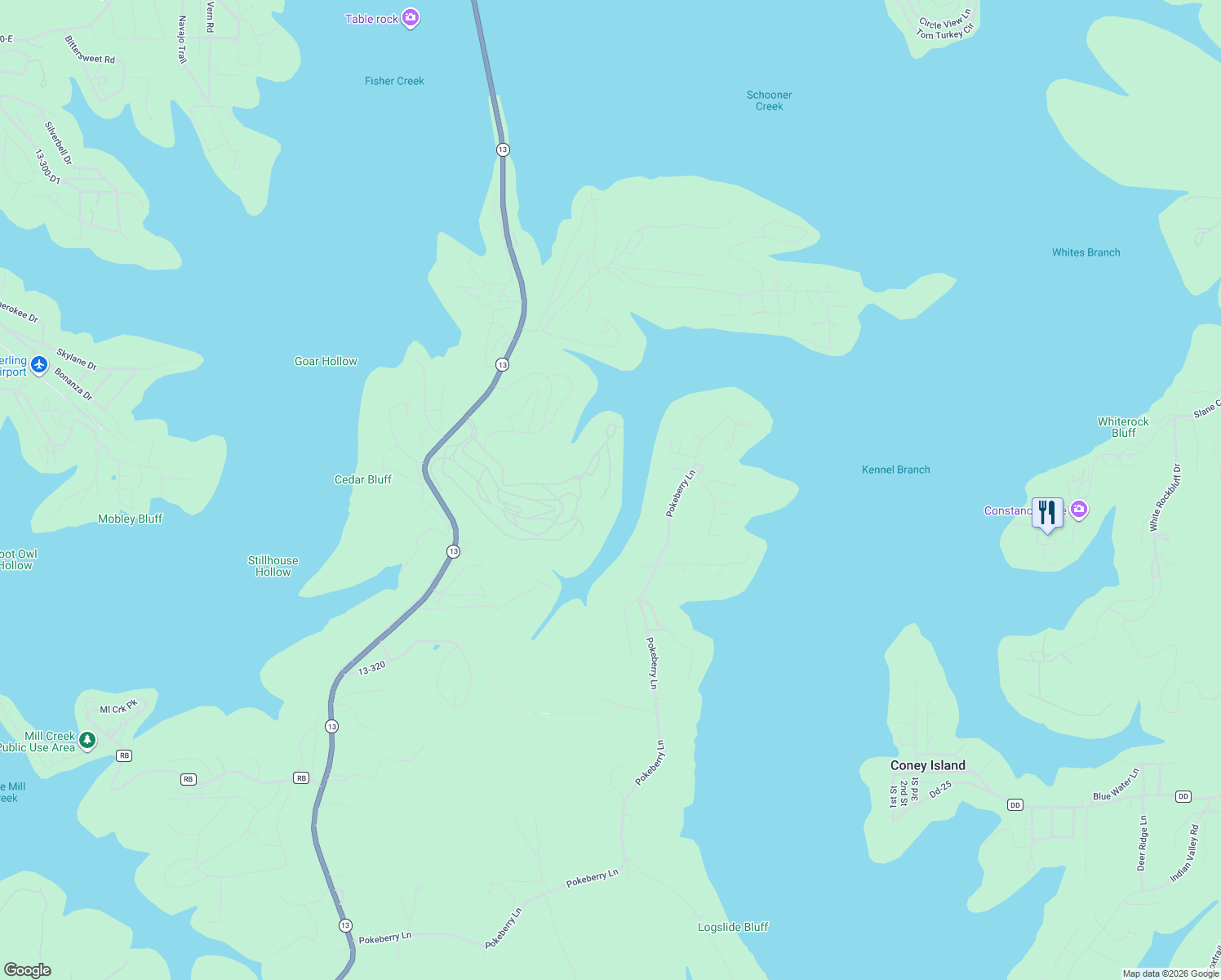 map of restaurants, bars, coffee shops, grocery stores, and more near 1404 Rocky Shore Terrace in Kimberling City