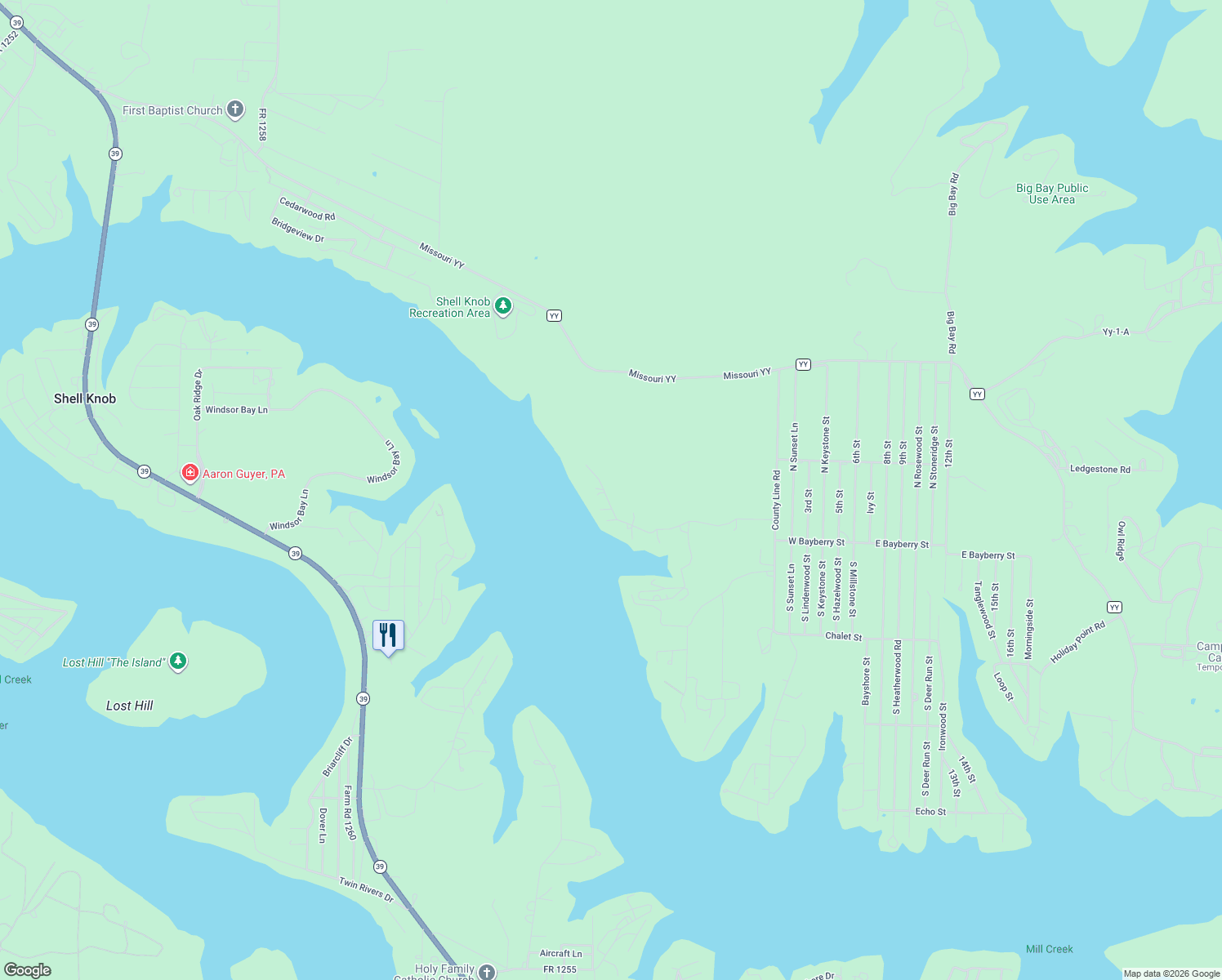 map of restaurants, bars, coffee shops, grocery stores, and more near 27056 Glade Rock Lane in Shell Knob