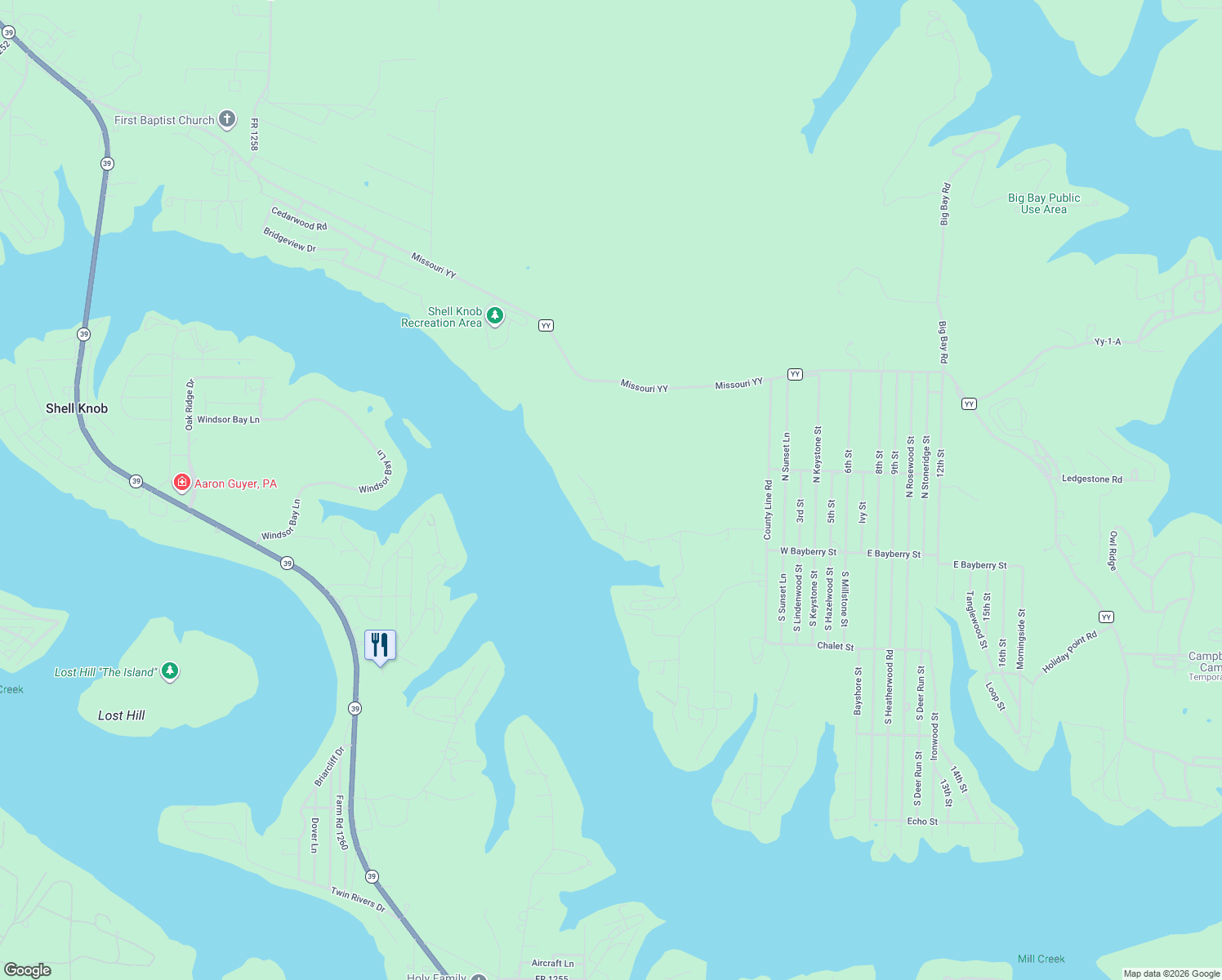 map of restaurants, bars, coffee shops, grocery stores, and more near 27056 Glade Rock Lane in Shell Knob