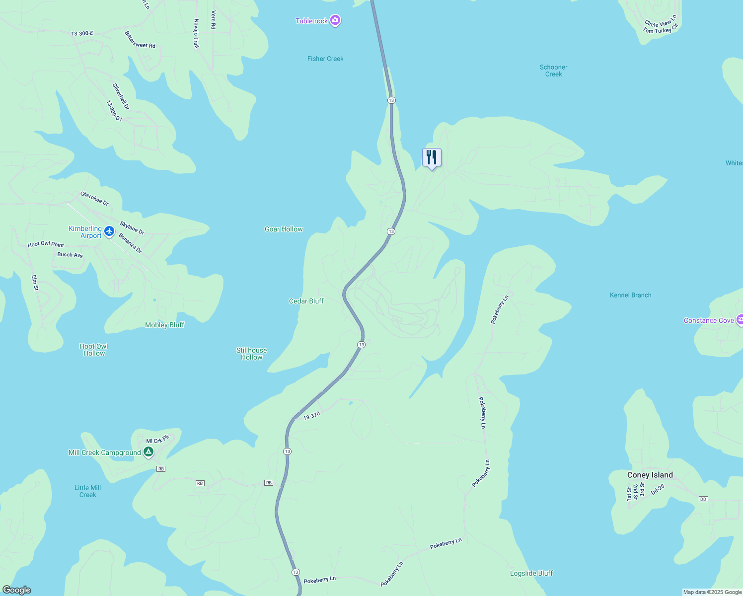 map of restaurants, bars, coffee shops, grocery stores, and more near 177 Ozark Mountain Resort Drive in Kimberling City