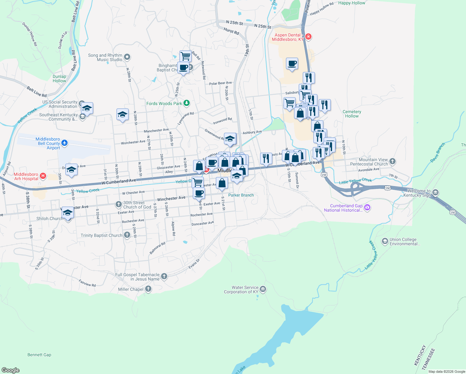 map of restaurants, bars, coffee shops, grocery stores, and more near State Highway 2403 in Middlesboro