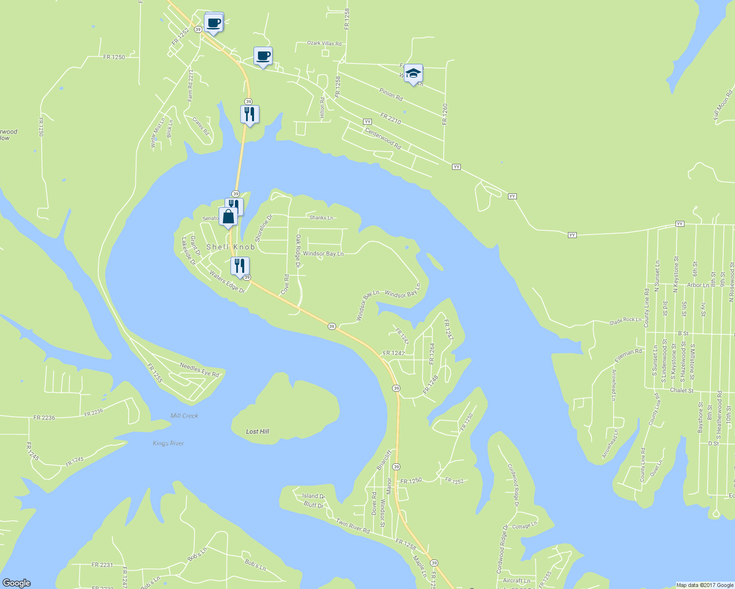 map of restaurants, bars, coffee shops, grocery stores, and more near Windsor Bay Lane in Shell Knob