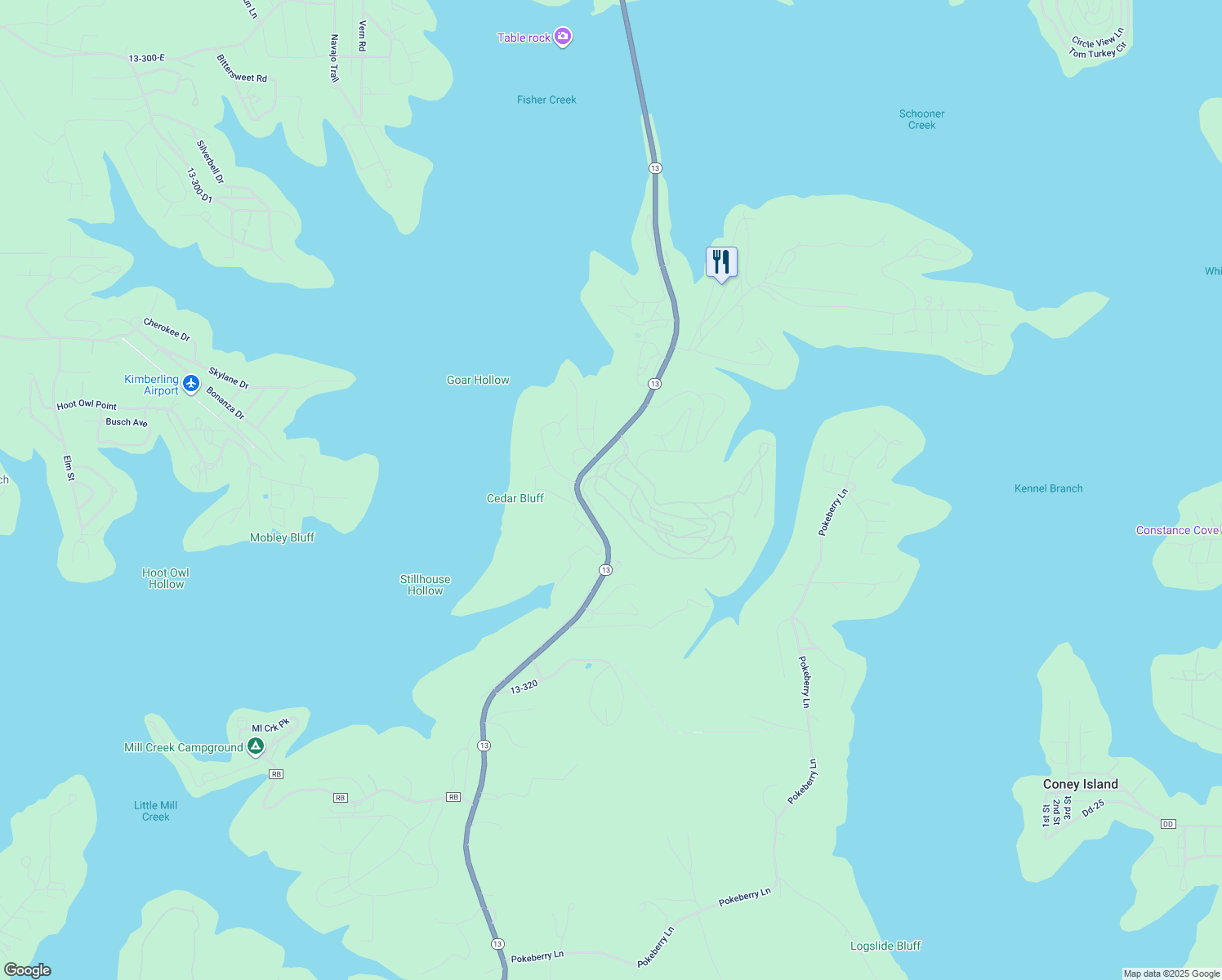 map of restaurants, bars, coffee shops, grocery stores, and more near 177 Ozark Mountain Resort Drive in Kimberling City