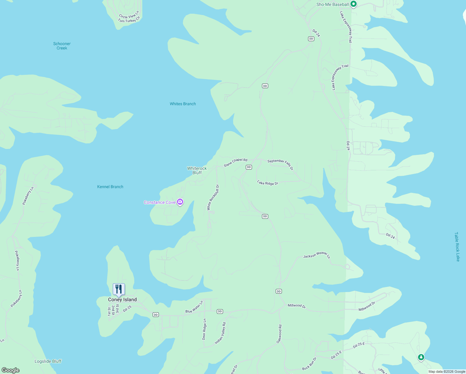 map of restaurants, bars, coffee shops, grocery stores, and more near 6089 State Highway DD in Branson West