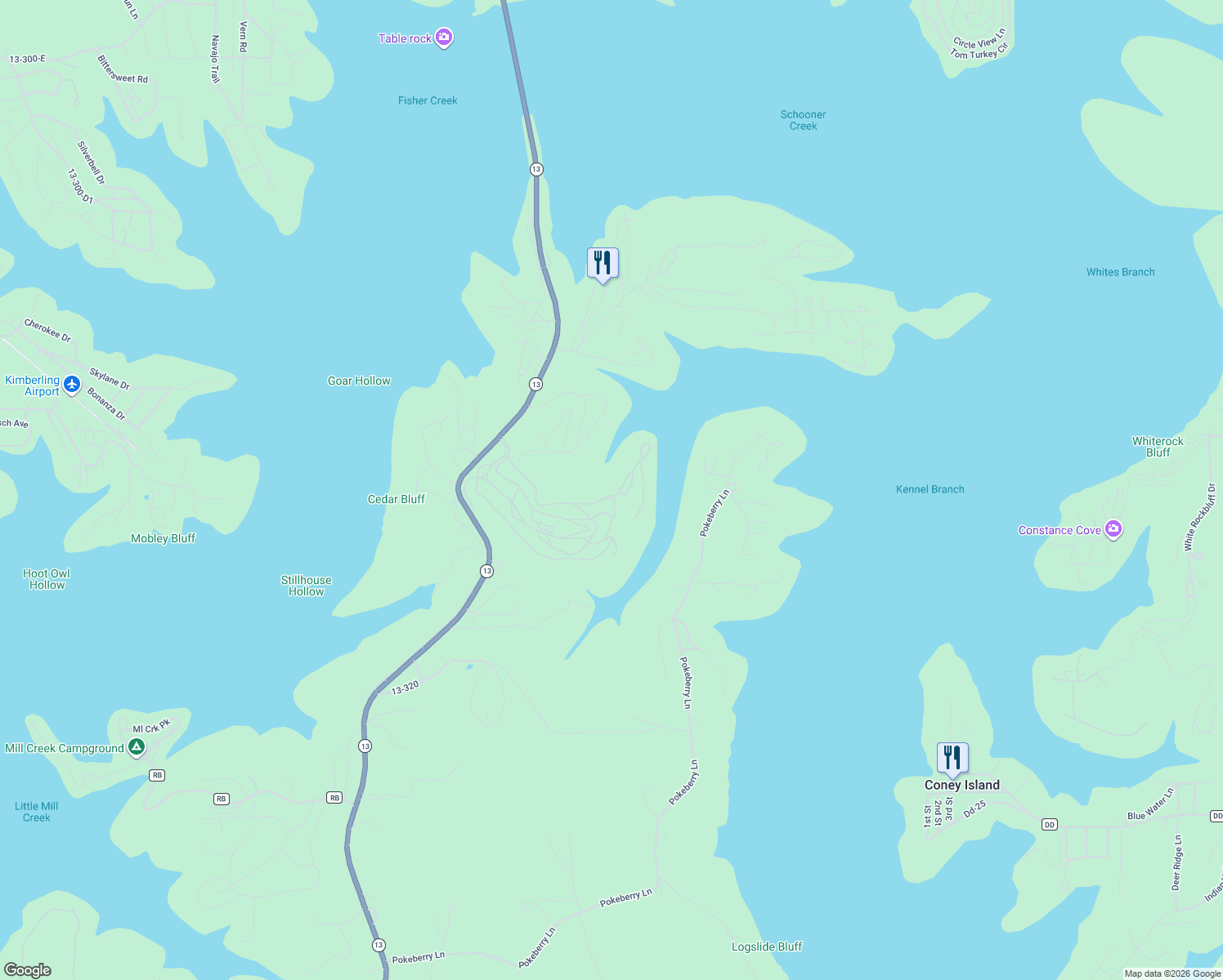 map of restaurants, bars, coffee shops, grocery stores, and more near 305 Marina Dr in Kimberling City