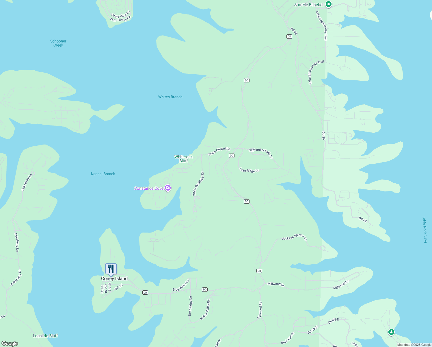 map of restaurants, bars, coffee shops, grocery stores, and more near 6089 State Highway DD in Branson West