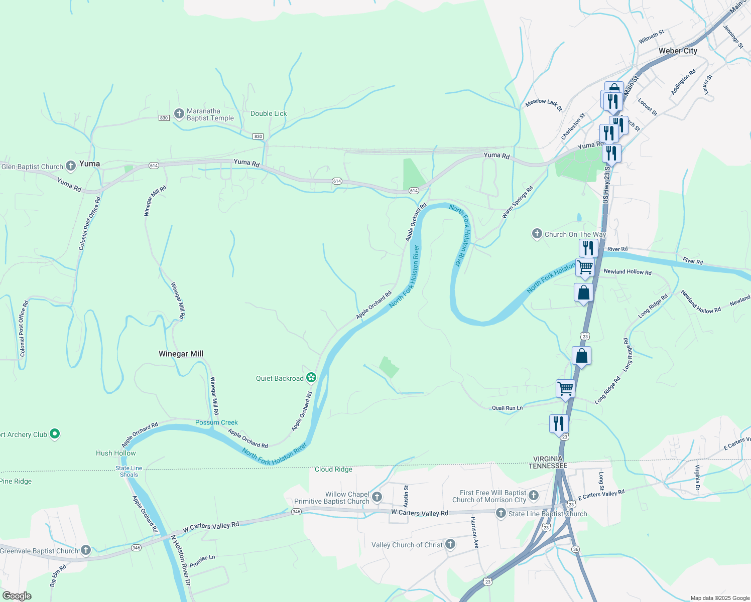 map of restaurants, bars, coffee shops, grocery stores, and more near State Route 714 in Gate City