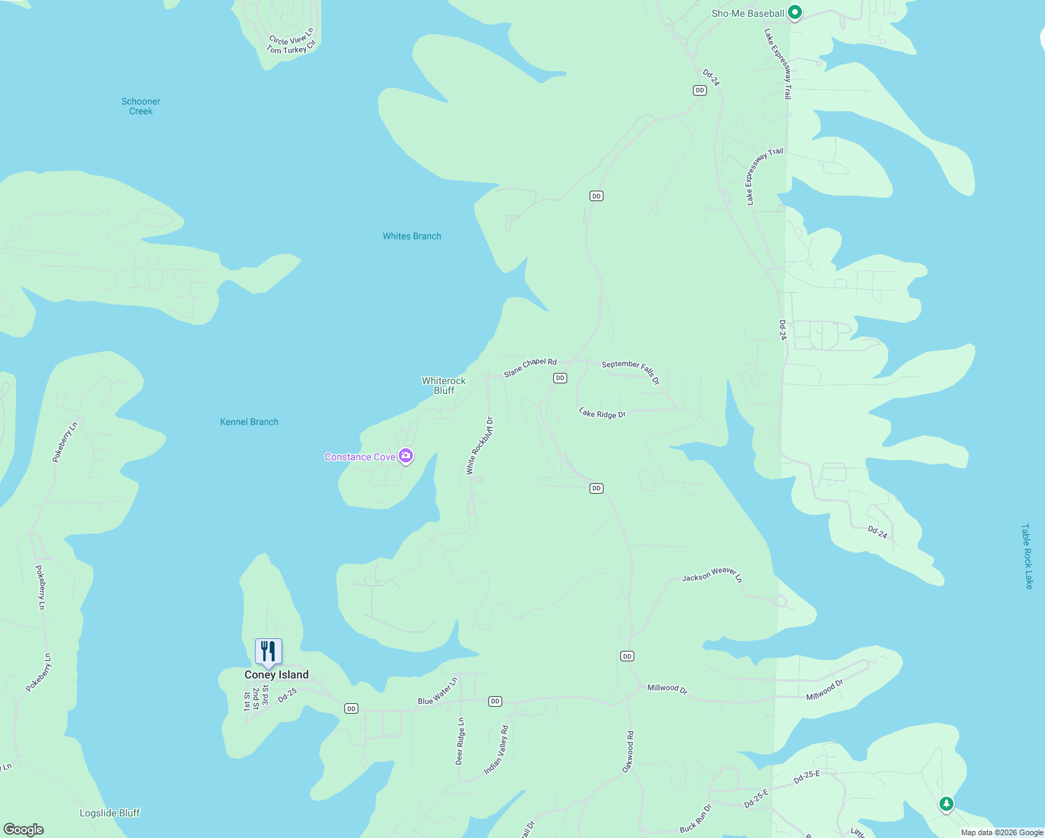map of restaurants, bars, coffee shops, grocery stores, and more near 6089 State Highway DD in Branson West