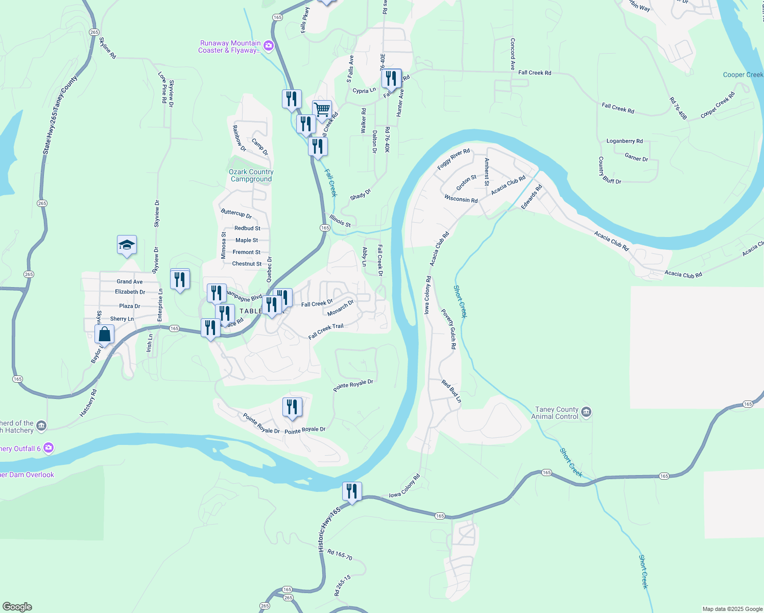 map of restaurants, bars, coffee shops, grocery stores, and more near 145 Creekside Court in Branson