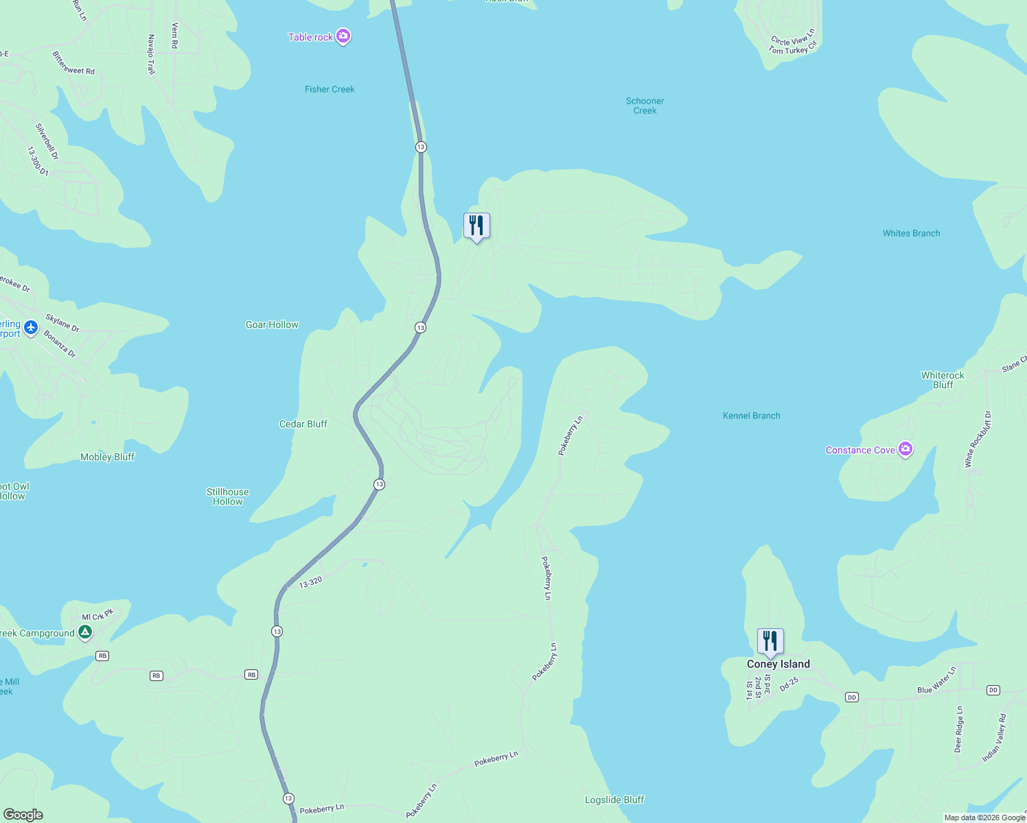 map of restaurants, bars, coffee shops, grocery stores, and more near Rocky Shore Terrace in Kimberling City