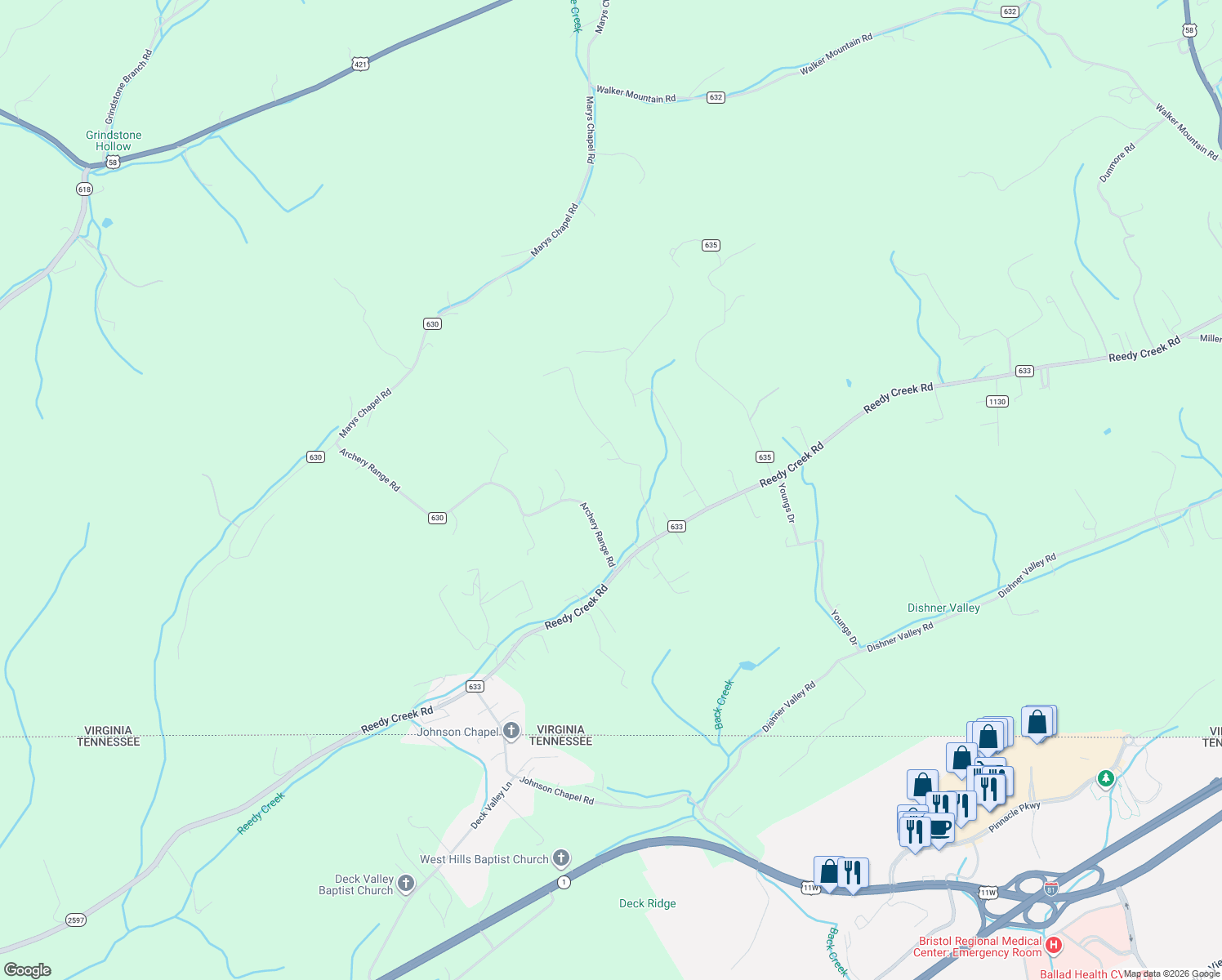 map of restaurants, bars, coffee shops, grocery stores, and more near 23689-23749 Archery Range Road in Bristol