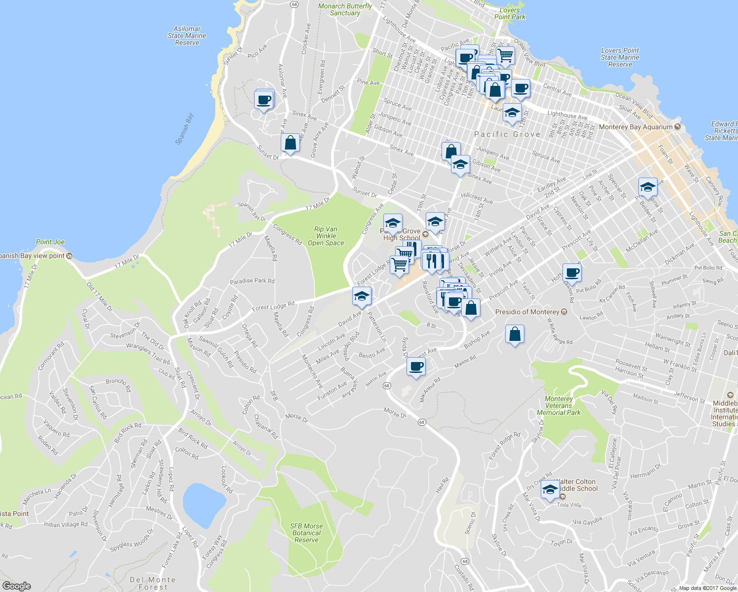 map of restaurants, bars, coffee shops, grocery stores, and more near 1109 Heather Lane in Pacific Grove