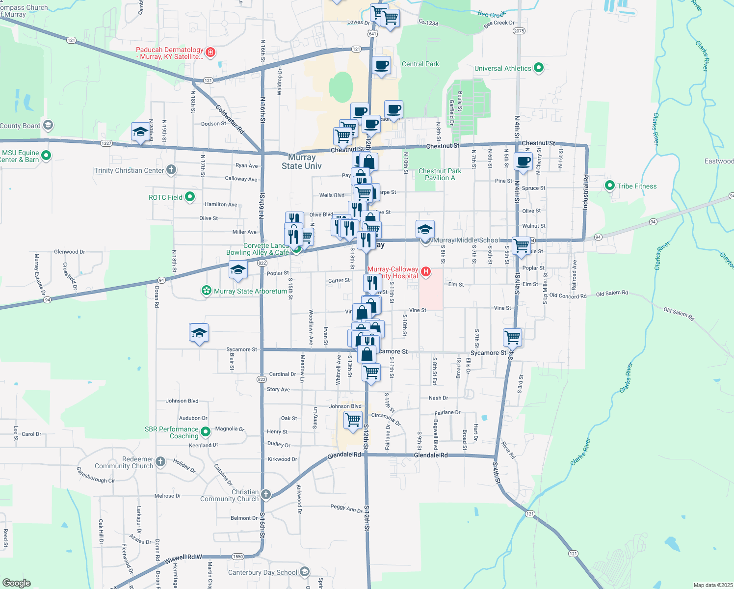 map of restaurants, bars, coffee shops, grocery stores, and more near 222 South 12th Street in Murray