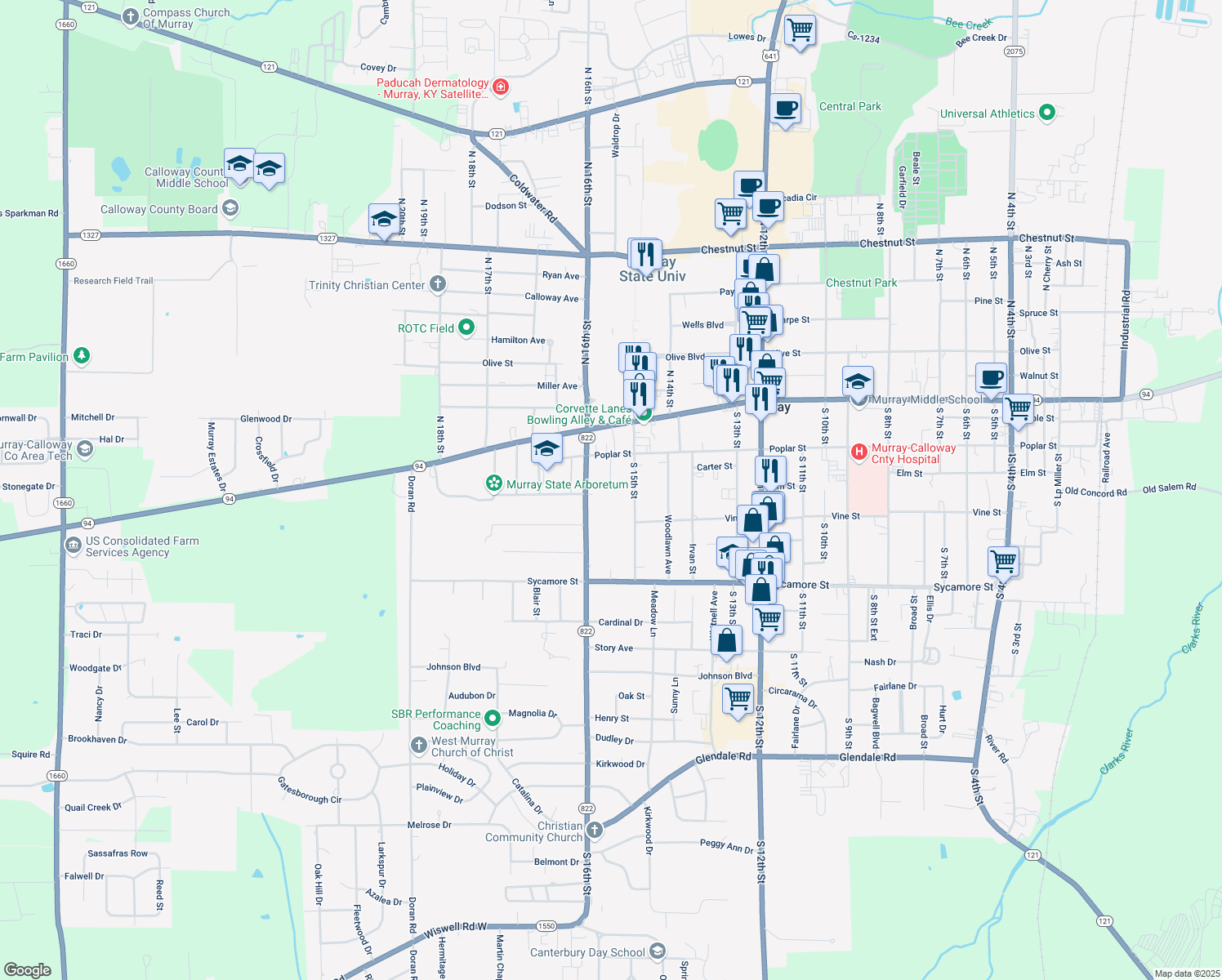 map of restaurants, bars, coffee shops, grocery stores, and more near 223 Brentwood Avenue in Murray